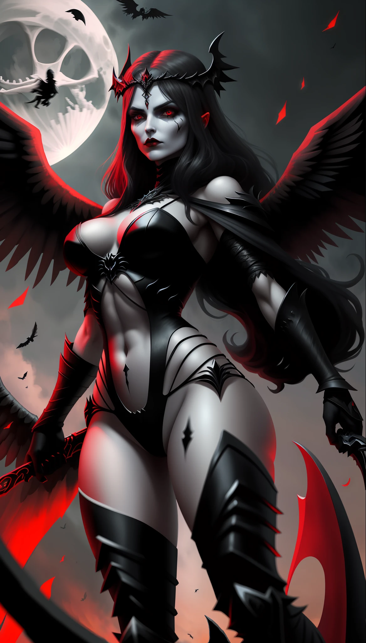 Goddess of death flying with black wings and a giant sickle over the moonlight and an army of skeleton demons beneath her. Red details and sexxy witch outfit. Emphasis on glutes