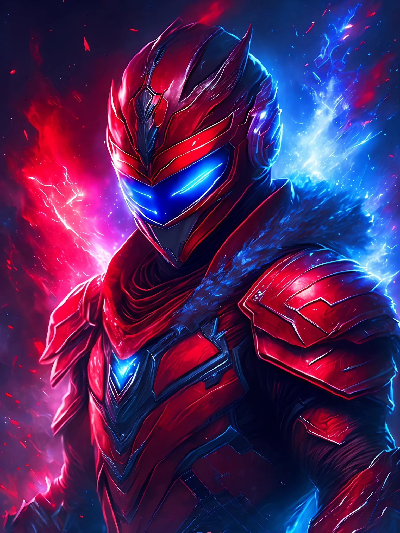 gloomy portrait of Red Ranger from Power Rangers, extremely detailed, futuristic cityscape, nighttime, glowing neon lights, smoke, sparks, metal shavings, flying debris, blue energy effects, volumetric light