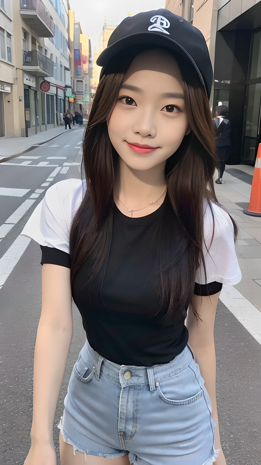 ((Best Quality, 8K, Masterpiece: 1.3)), (Baseball Cap: 1.3), Focus: 1.2, Perfect Body Beauty: 1.4, Buttocks: 1.2, (Layered Haircut: 1.2), (Dark Street: 1.3), Highly Detailed Face and Skin Texture, Full Body, Fine Eyes, Double Eyelids, Whitened Skin, Long Hair, (Round Face: 1.5), (Short Sleeves, Shorts: 1.6). smile