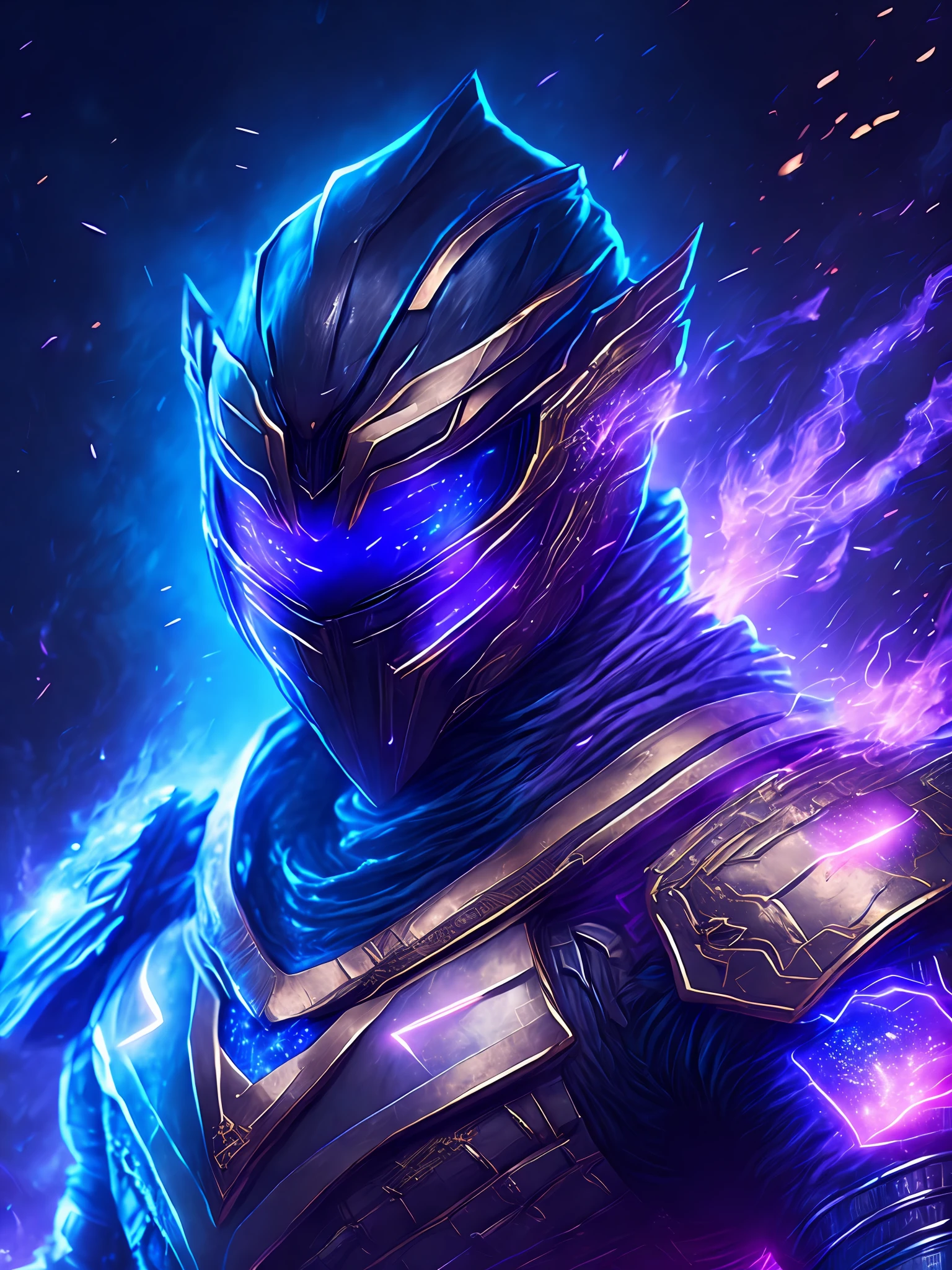 gloomy portrait of Black Ranger from Power Rangers, extremely detailed, futuristic cityscape, nighttime, glowing neon lights, smoke, sparks, metal shavings, flying debris, blue energy effects, volumetric light