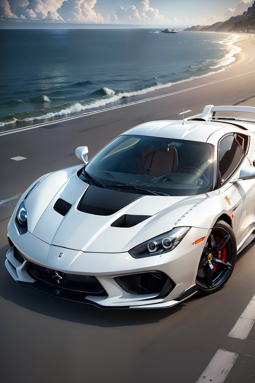 (masterpiece, ultra high resolution, ultra-detailed, ultra realistic, cinematic), a glamorous, pearl-white Ferrari sports car, parked by the serene, azure ocean, the car is positioned at a dynamic angle to showcase its beauty, the ocean provides a calm and tranquil background, best quality, ultra high resolution.