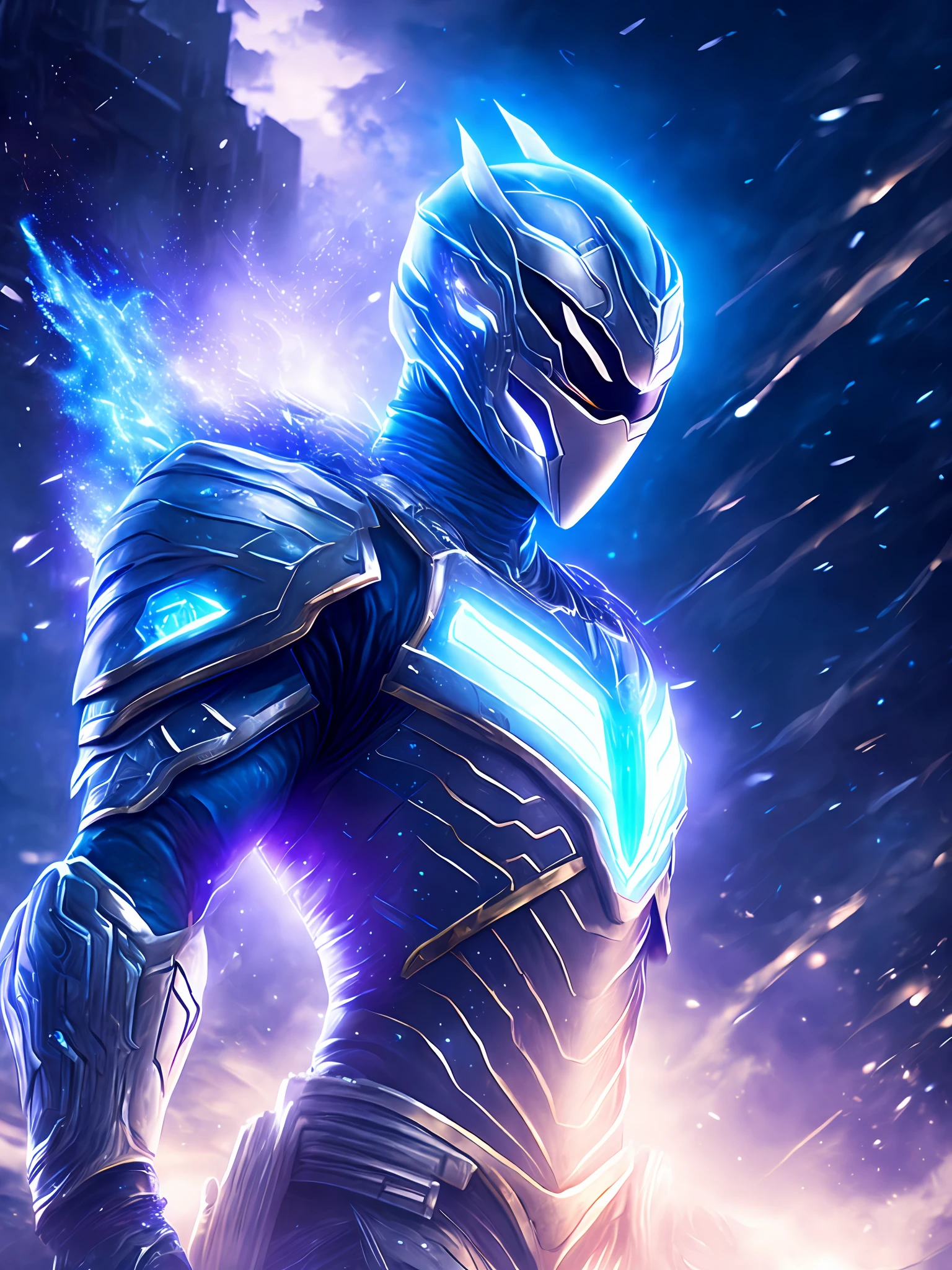 gloomy portrait of White Ranger from Power Rangers, extremely detailed, futuristic cityscape, nighttime, glowing neon lights, smoke, sparks, metal shavings, flying debris, blue energy effects, volumetric light