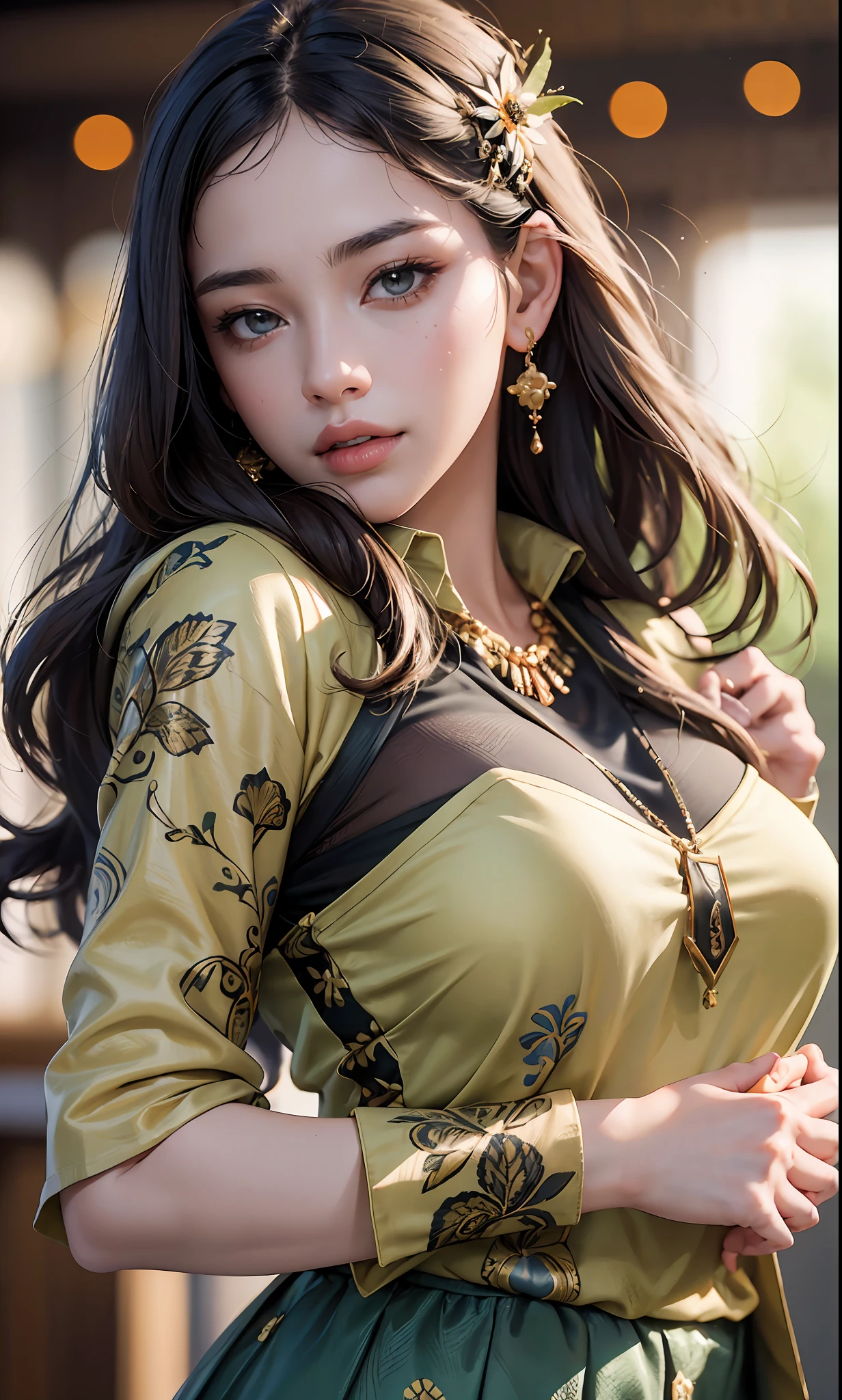 best quality, masterpiece, 1girl, Beautiful face, (photo realistic:1.3), rim lighting, (high detailed skin:1.2), 8k uhd, dslr, high quality, high resolution, 4k, 8k, Bokeh, absurdres, best ratio four finger and one thumb, (realistic:1.3), cute 1girl, wearing batik Indonesia, large breasts, short skirt,