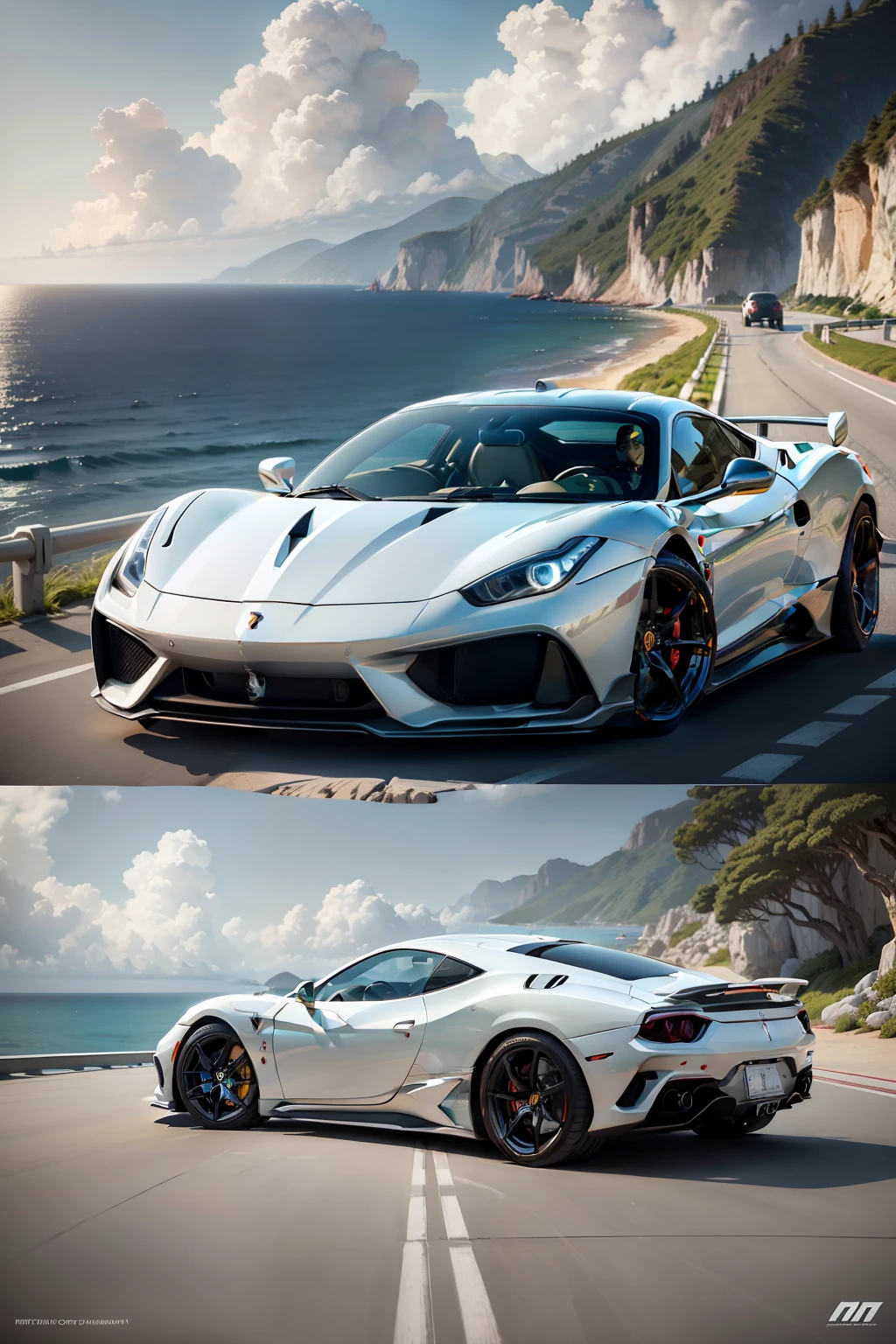 (masterpiece, ultra high resolution, ultra-detailed, ultra realistic, cinematic), a glamorous, pearl-white Ferrari sports car, parked by the serene, azure ocean, the car is positioned at a dynamic angle to showcase its beauty, the ocean provides a calm and tranquil background, best quality, ultra high resolution.