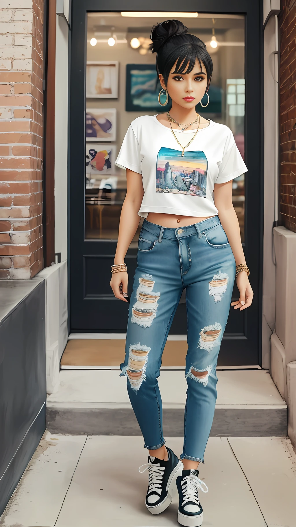 cartoon, soft tones, calm colors, (anime), (illustration), detailed, (masterpiece: 1.2, best quality), girl, solo Clothing: high-waisted pants, short top or printed t-shirt, jeans or leather jacket, platform sneakers or boots, ((full body)), Accessories: layered necklaces, striking earrings, Hair: messy bun, Confident, bold, unapologetic behavior, Location: urban areas, cafes, art galleries