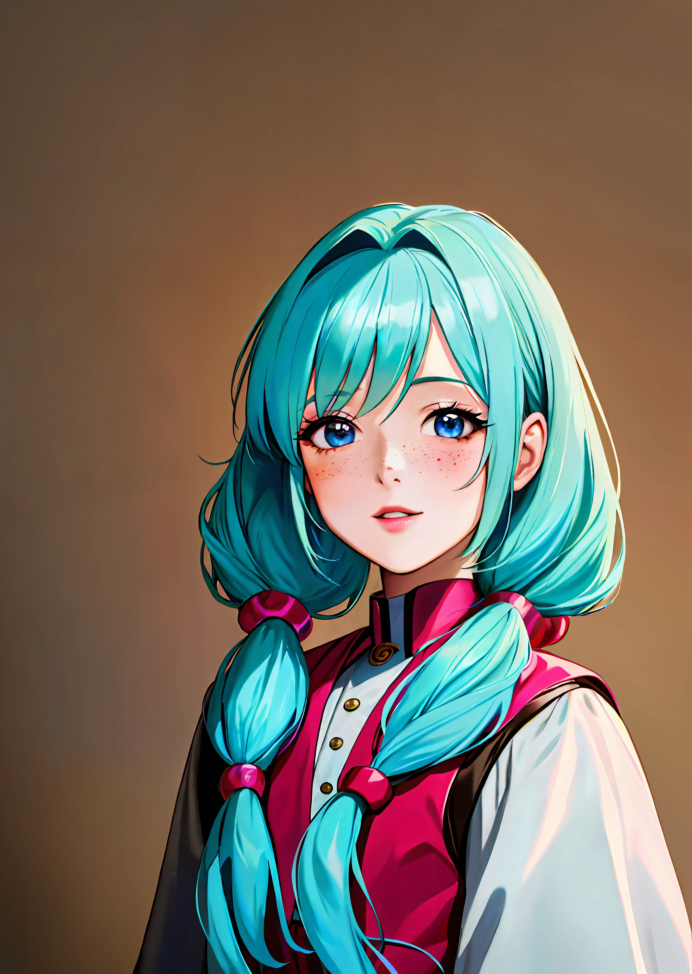Masterpiece, highest quality, An illustration of a young 8-years-old girl in an oriental-style noble suit. She has light blue hair with two pigtails and fair skin with freckles. Her eyes are pink with kind air. She is in a Space Opera type space adventure environment, Tenchi Muyo anime style, 90's anime style, 400dpi, HD 8k.