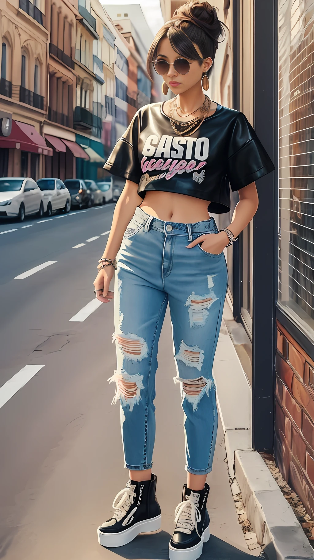 cartoon, soft tones, calm colors, (anime), (illustration), detailed, (masterpiece: 1.2, best quality), girl, solo Clothing: high-waisted pants, short top or printed t-shirt, jeans or leather jacket, platform sneakers or boots, ((full body)), Accessories: layered necklaces, striking earrings, Hair: messy bun, Confident, bold, unapologetic behavior, Location: urban areas, cafes, art galleries
