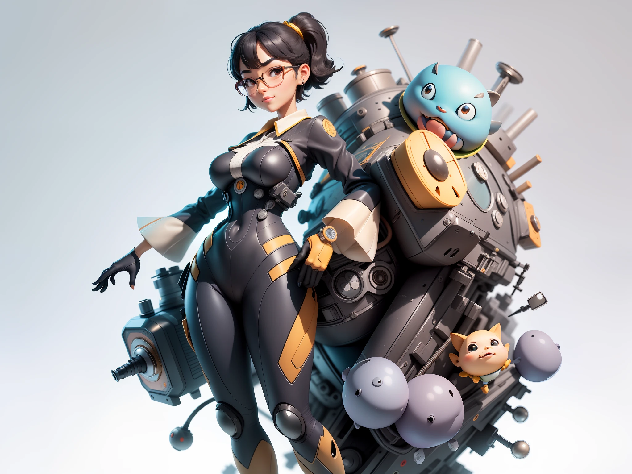 (Masterpiece), (Excellent), (Super Meticulous), (Full Body: 1.2), Super Young Woman, Beautiful, Sexy, Bursting, Oriental Face, TV Anchor, Bust Portrait Illustration, Alone, Black Suit, Blue Tie, Silver Glasses, Slightly Chubby Face, Very Clean Face, No Beard, Black Super Short Hair, Black Eyes, Confident Smile, 3c Computer Sub-Products, iPad, iPhone, Digital Painting, 3D Character Design by Mark Claireldon and Pixar and Hayao Miyazaki, The illustration is a high-definition illustration in 4K resolution with very detailed facial features and cartoon-style visuals.
