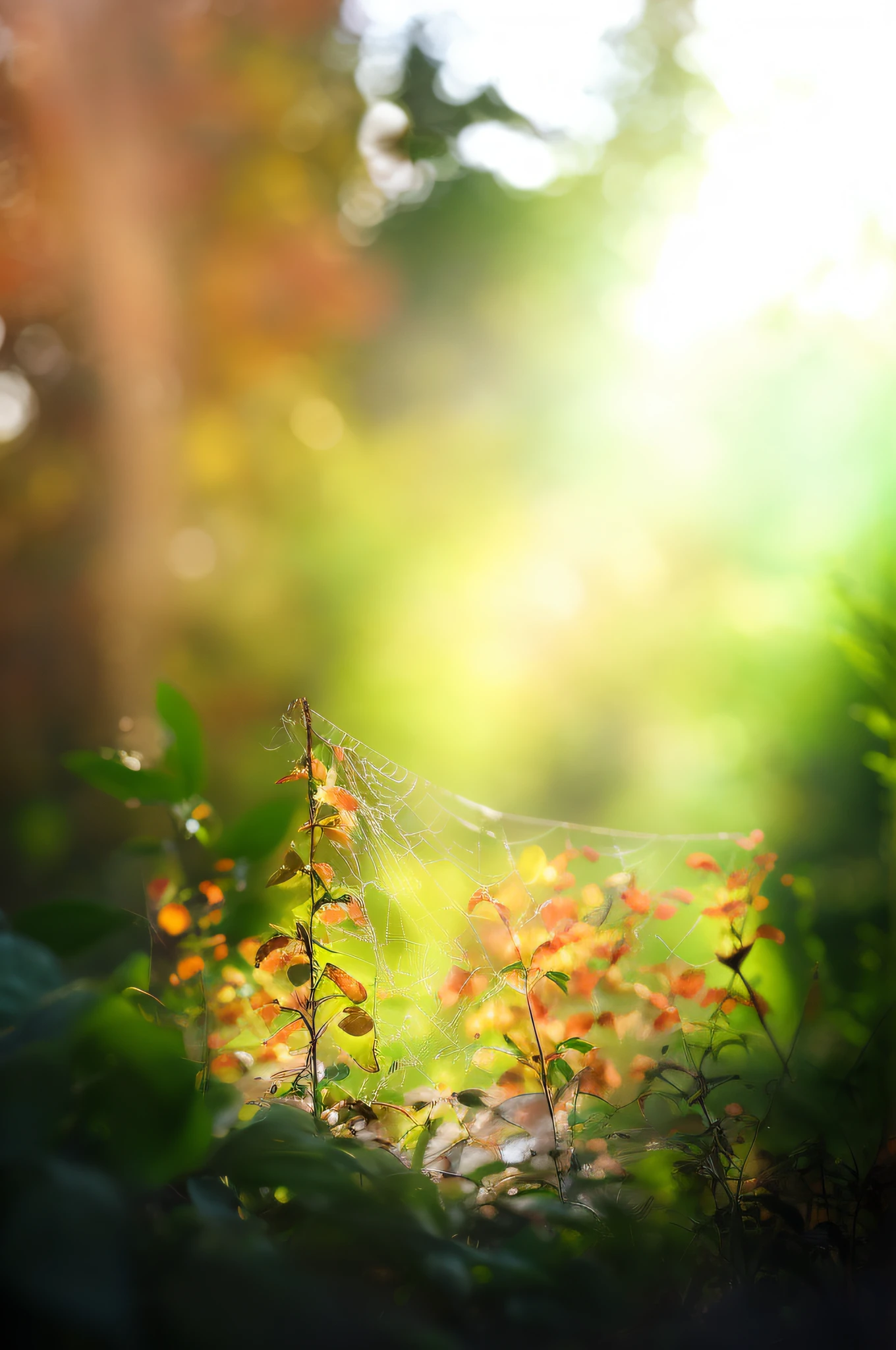 there is a spider web in the middle of a field of plants, soft autumn sunlight, spiderweb landscape, autumn overgrowth, autumn bokeh, with cobwebs, soft diffuse autumn lights, in the autumn forest, beginning of autumn, autumn light, summer morning light, cobweb, red webs and fungus, soft morning light, soft forest background