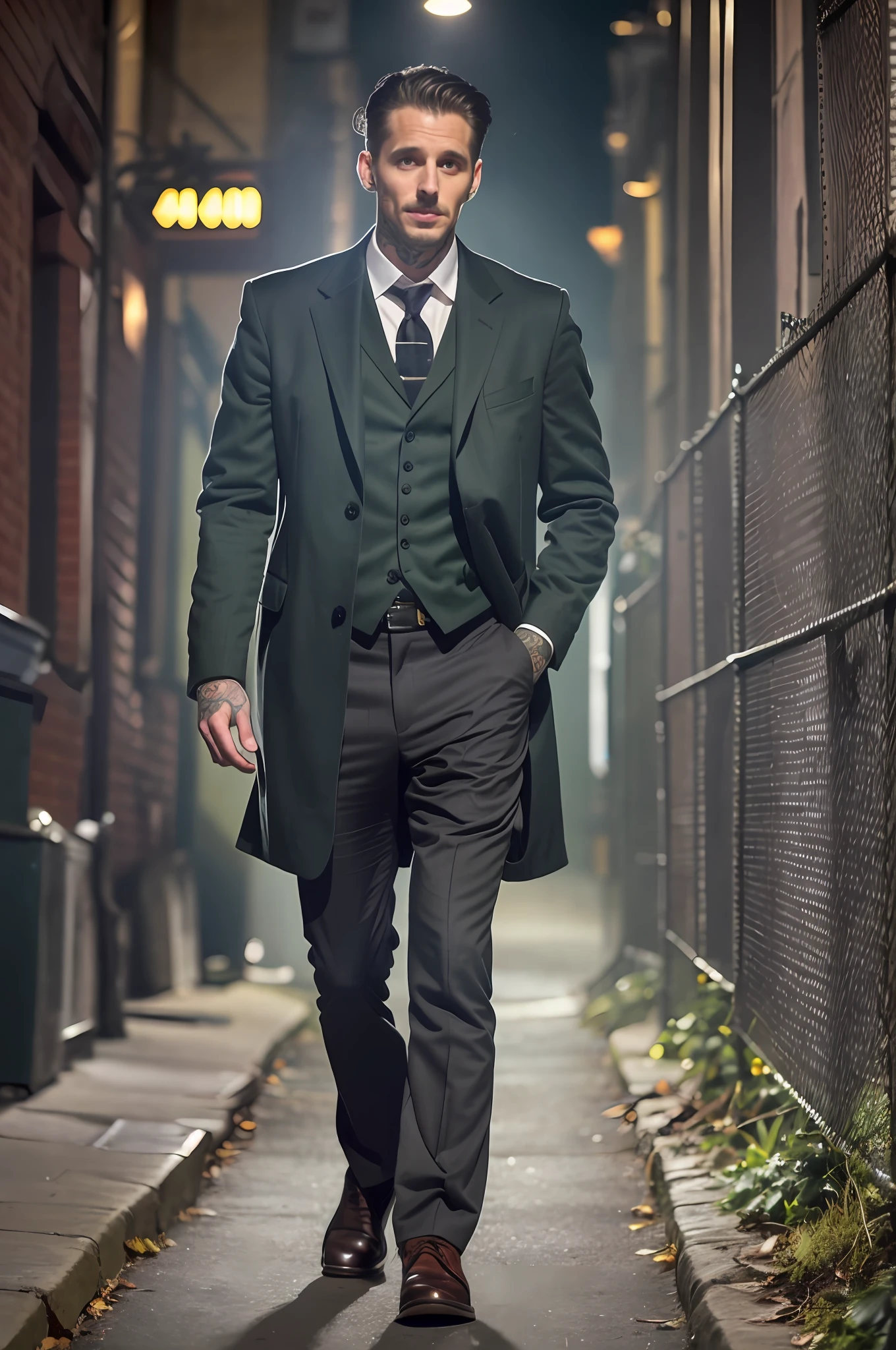 full body tattooed of a worried detective man, 8K, a dark night, 2000s clothes, detective outfit, gray hair, tired, sad, 2000s, [sincere, amateur], sinister green lighting, beautiful eyes, detailed eyes, perfect eyes, 40 years old, 40 years, old man, gray man, gray hair, gray, fully tattooed body, tattooed body, tattooed neck, tattooed face, perfect tattoo