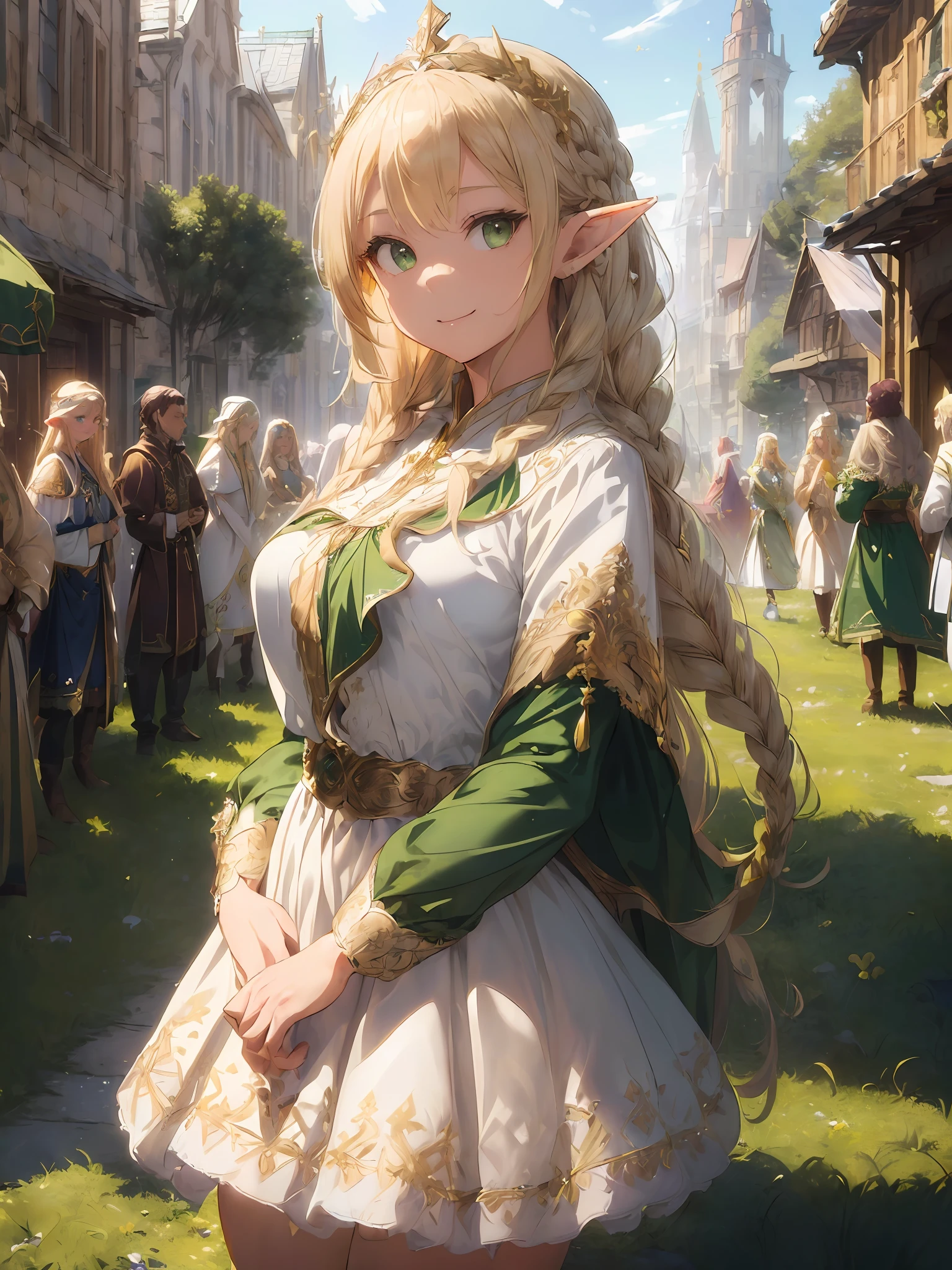 (((Masterpiece, highest quality, precision, fine)))), (Fantasy)), ((Elf Queen))))), ((Large white skirt with gold embroidery))))), (Blonde long braid hair), (Big, shiny dark green eyes), (Green surcoat with gold embroidery)), ((Big)), Smile, (Frontier town)))), ((Escort knights in the background))), (( Background with many townspeople gathering)), dynamic angle, front view