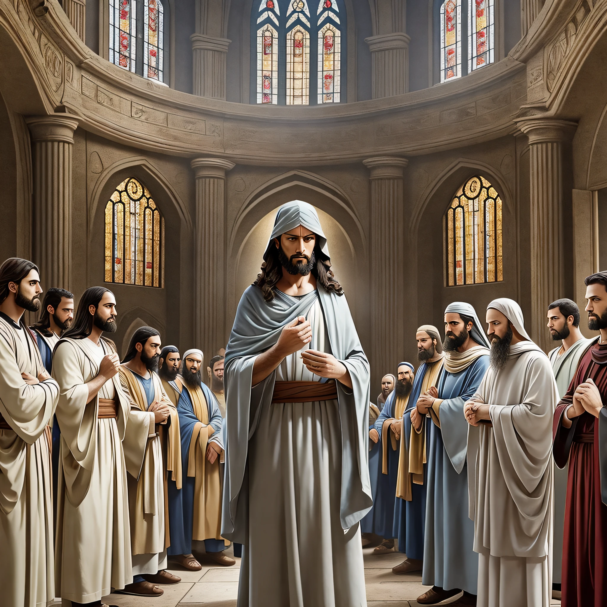 VISUAL STYLE: Dark, GENRE: Religious, SUBJECT(S): Jesus Christ and the 12 disciples, TIME PERIOD: Biblical, COLOR: Dark, ASPECT RATIO: 16:9, FORMAT: Photo, FRAME SIZE: Full-frame, LENS SIZE: Standard, COMPOSITION: Centered, LIGHTING: Dramatic, LIGHTING TYPE: Low-key, TIME OF DAY: Night, ENVIRONMENT: Interior, LOCATION TYPE: Religious setting, SET: Biblical scene, CAMERA: DSLR, LENS: Prime lens, FILM STOCK / RESOLUTION: High resolution, TAGS: Jesus Christ, disciples, religious, dark, dramatic --v 5 --q 2 --ar 16:9 --auto --s2
