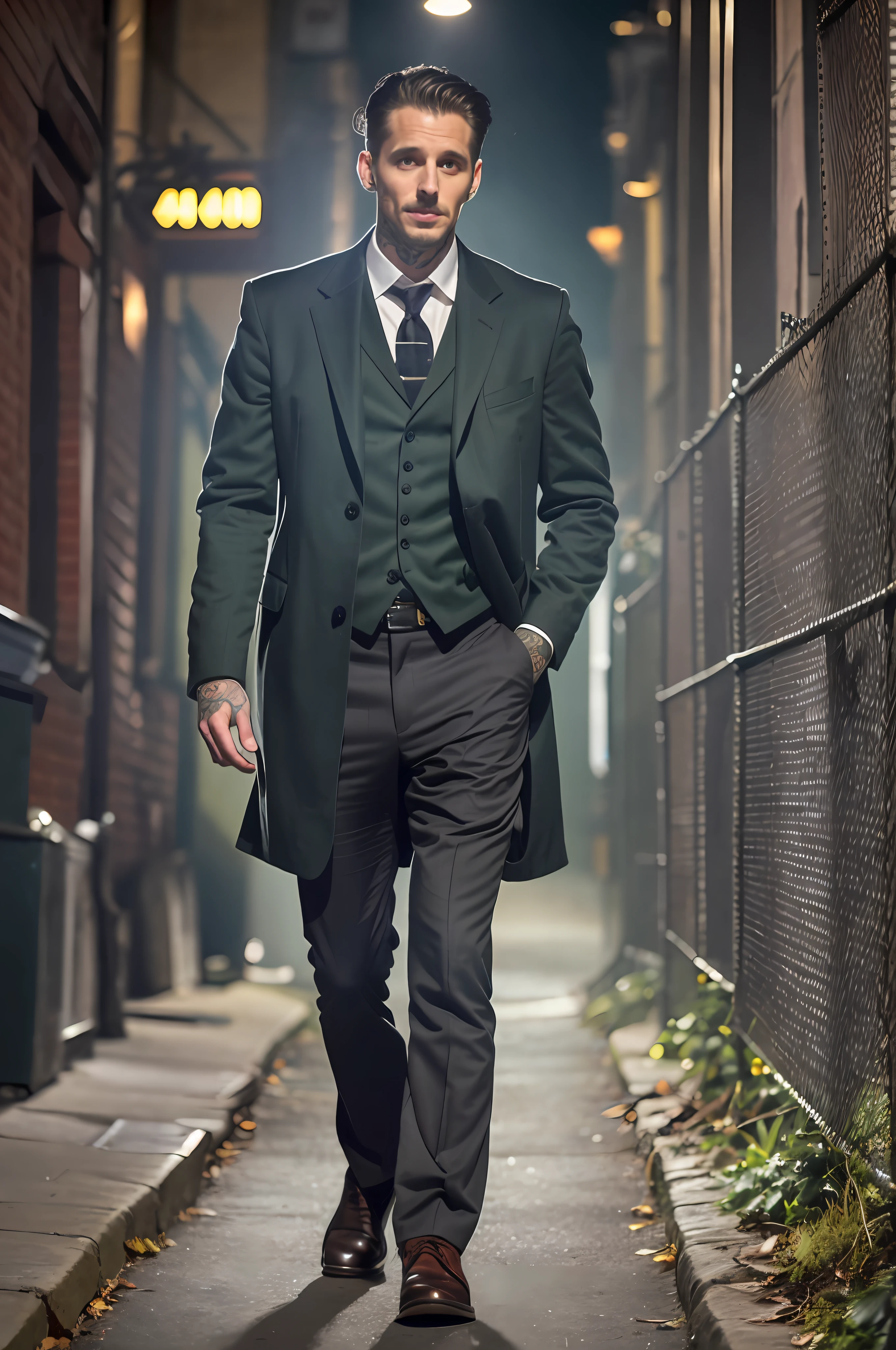 full body tattooed of a worried detective man, 8K, a dark night, 2000s clothes, detective outfit, gray hair, tired, sad, 2000s, [sincere, amateur], sinister green lighting, beautiful eyes, detailed eyes, perfect eyes, 40 years old, 40 years, old man, gray man, gray hair, gray, fully tattooed body, tattooed body, tattooed neck, tattooed face, perfect tattoo