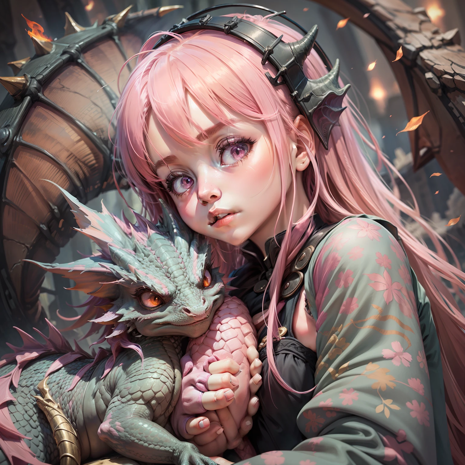 A *********** and a dragon, close-up, snuggling each other, girl pink hair, dragon pink,