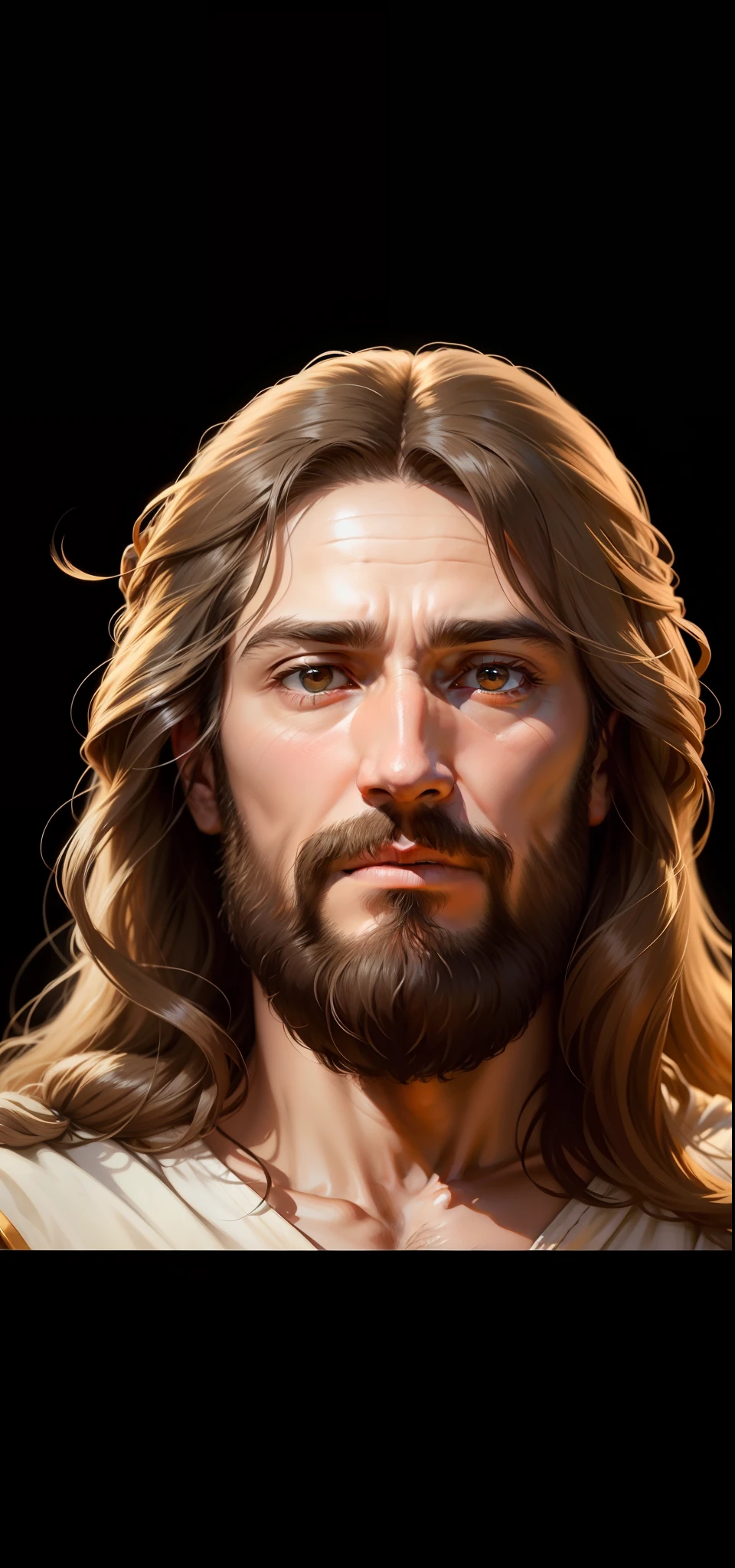 "Please create a realistic portrait of Jesus, representing him as a mature and wise man. Picture him in a simple, modest garment, like a tunic of soft colors. Pay attention to the details of your tight beard, which covers part of your face, conveying a sense of serenity and experience. Focus on Jesus' striking facial features, such as soft wrinkles around his eyes and a calm, compassionate expression. Use soft lighting to highlight the contours of your face and convey an aura of tranquility. The goal is to create a reverent, realistic portrait of Jesus as a mature and charismatic man, with his wisdom and humility reflected in his facial expression and simple dress."