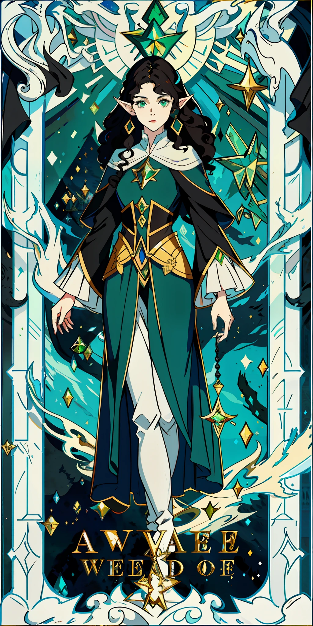 Wizard brunette, elf, black curly hair, pale skin, arcana, elegant, detailed, green eyes, medieval, magician, witch,