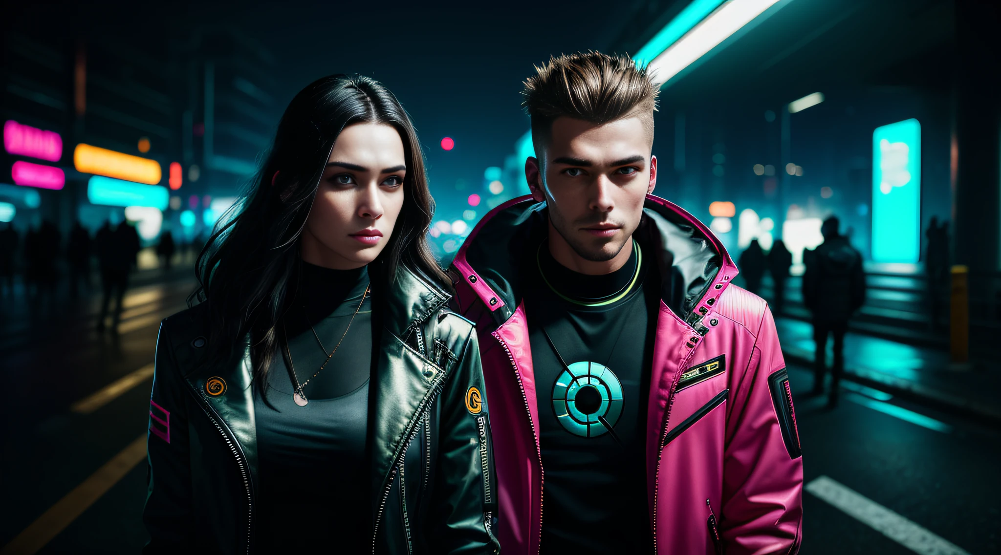 cyberpunk portrait photography, beautiful young couple looking out of camera in bright futuristic jacket, super realistic face, eyes visible through hair, proper eye position, natural skin, soft light, rim light, hips, on the side of the road, detailed background, intricate, highly detailed, octane render, HD, 8k, by Annie Leibovitz, 120mm