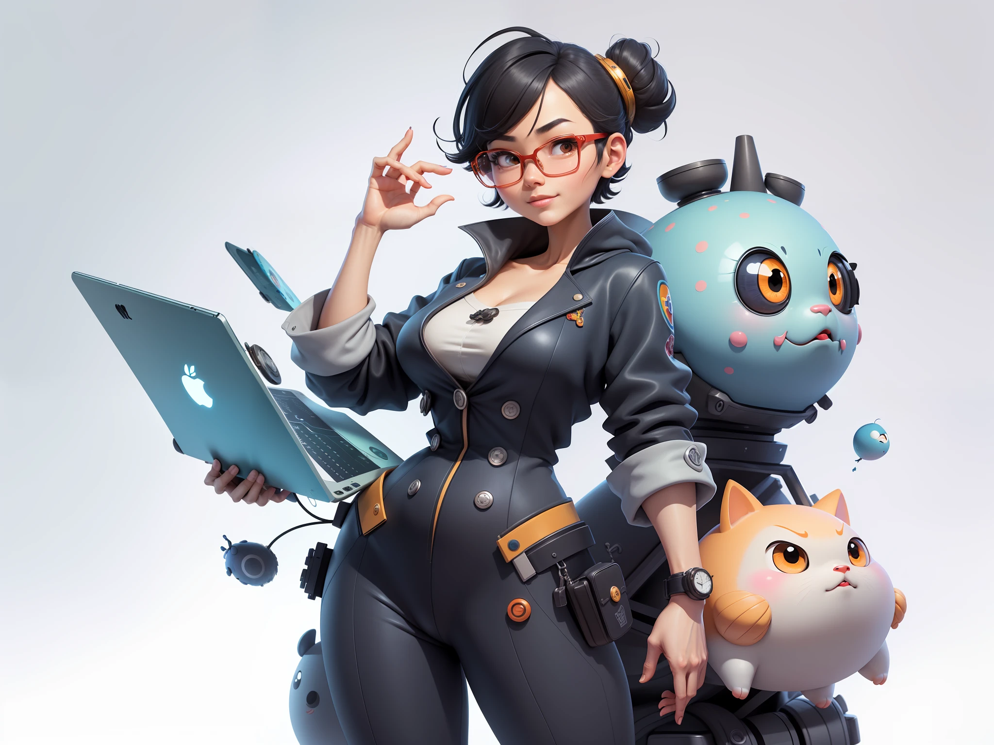 (Masterpiece), (Excellent), (Super Meticulous), (Full Body: 1.2), Super Young Woman, Beautiful, Sexy, Bursting, Oriental Face, TV Anchor, Bust Portrait Illustration, Alone, Black Suit, Blue Tie, Silver Glasses, Slightly Chubby Face, Very Clean Face, No Beard, Black Super Short Hair, Black Eyes, Confident Smile, 3c Computer Sub-Products, iPad, iPhone, Digital Painting, 3D Character Design by Mark Claireldon and Pixar and Hayao Miyazaki, The illustration is a high-definition illustration in 4K resolution with very detailed facial features and cartoon-style visuals.