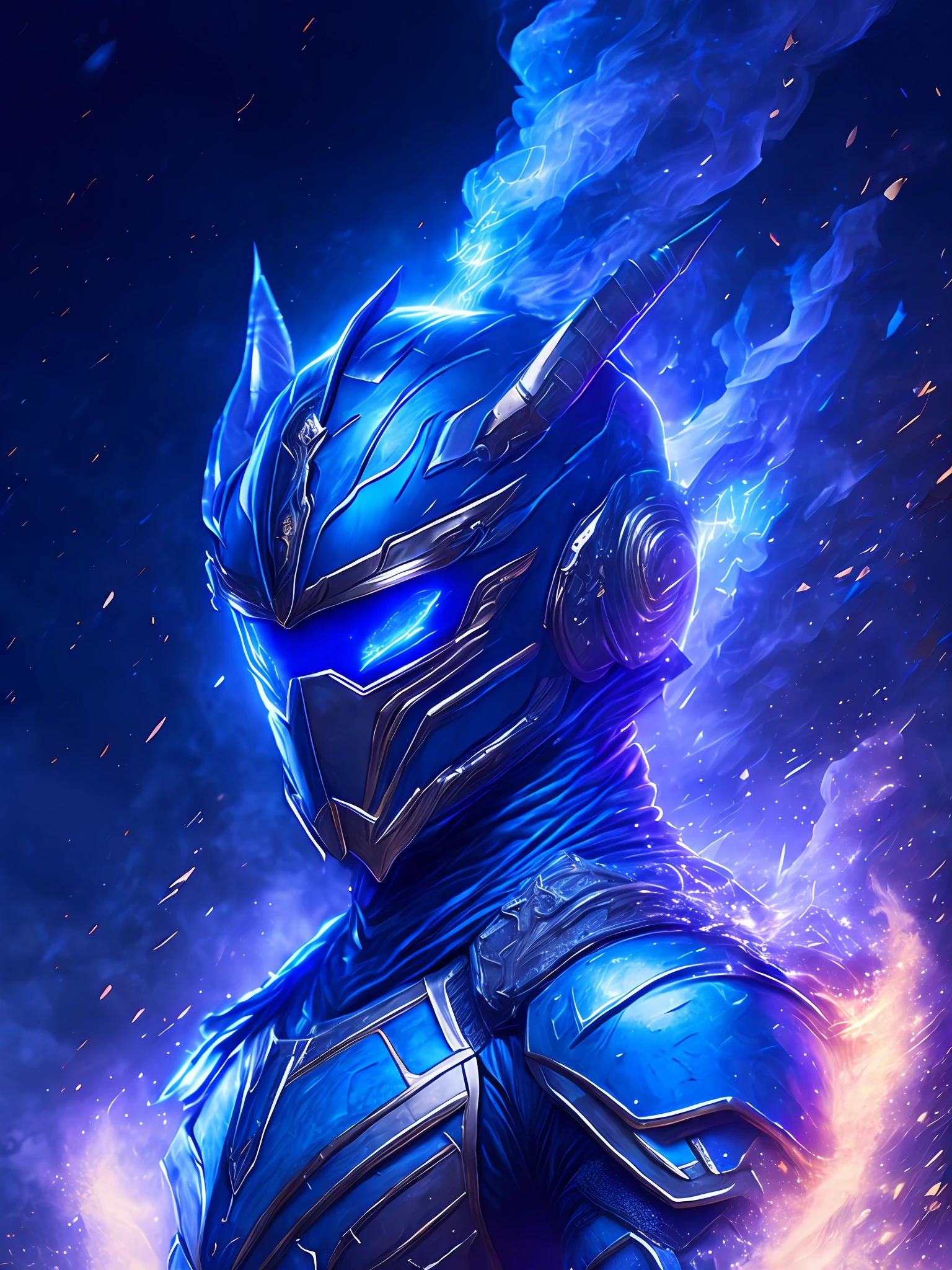 gloomy portrait of Blue Ranger Horseman of the Apocalypse from Power Rangers, extremely detailed, futuristic cityscape, nighttime, glowing neon lights, smoke, sparks, metal shavings, flying debris, blue energy effects, volumetric light