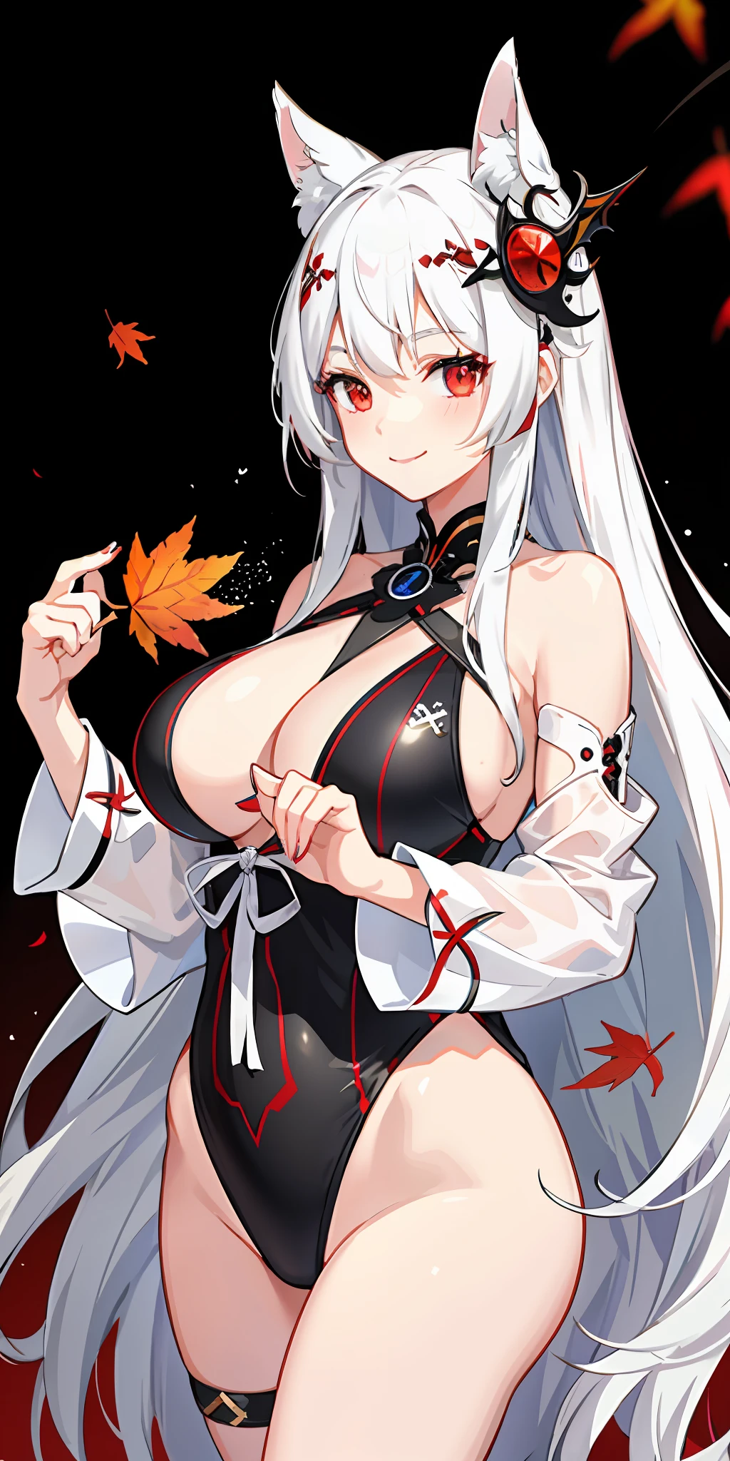 1girl, bright, silver-white hair, long hair,, red eyes, autumn leaf motif, multicolored hair, saleme, head mask, side lights, light particles, wallpaper, big, plump, idol, swimsuit, loose, fluffy, quiet, smile, gentle, clear, sexy