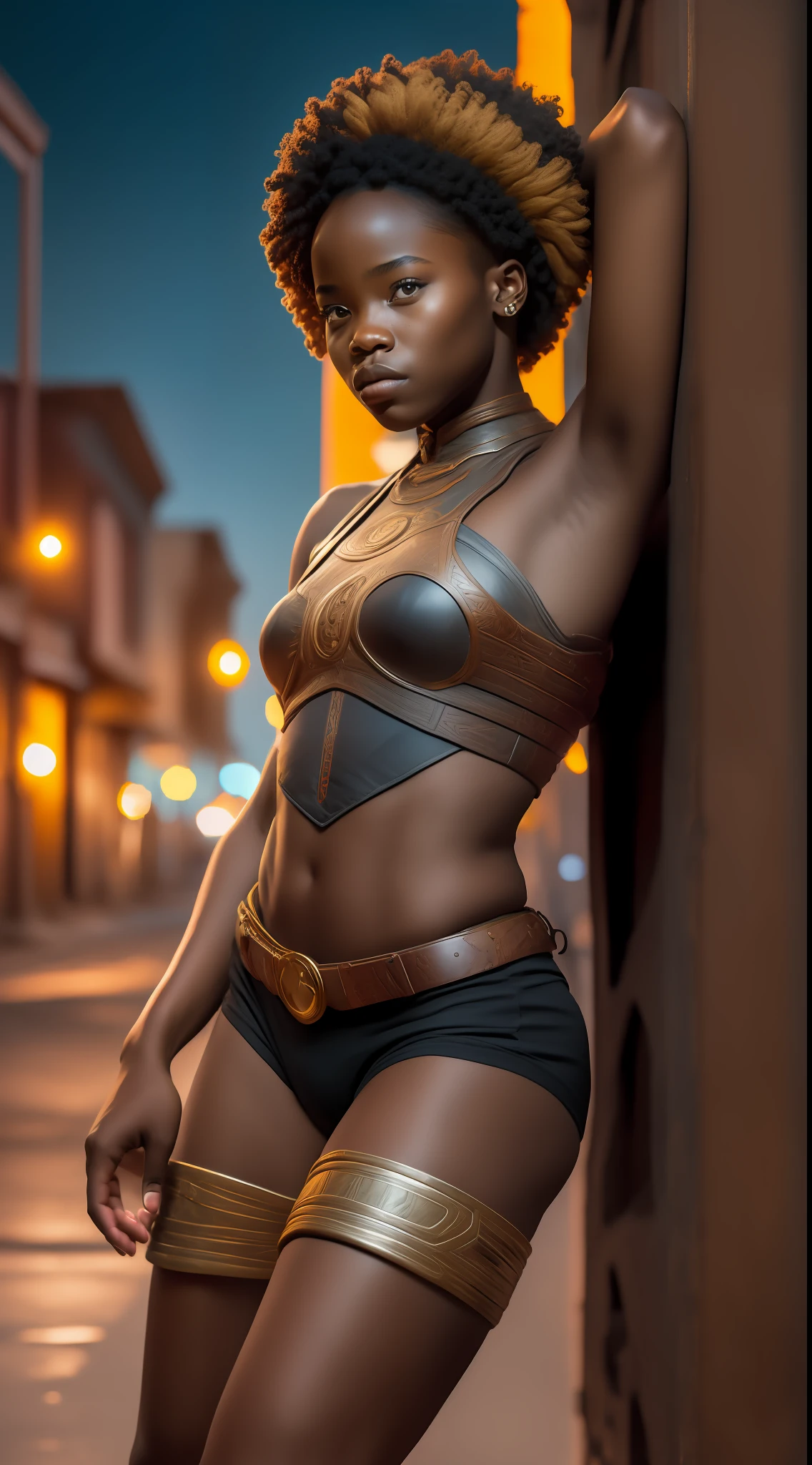 African American Warrior Girl 18 Years,Full Body,Perfect,8k Surrealism, Bottom Up Angle,In A Night Town