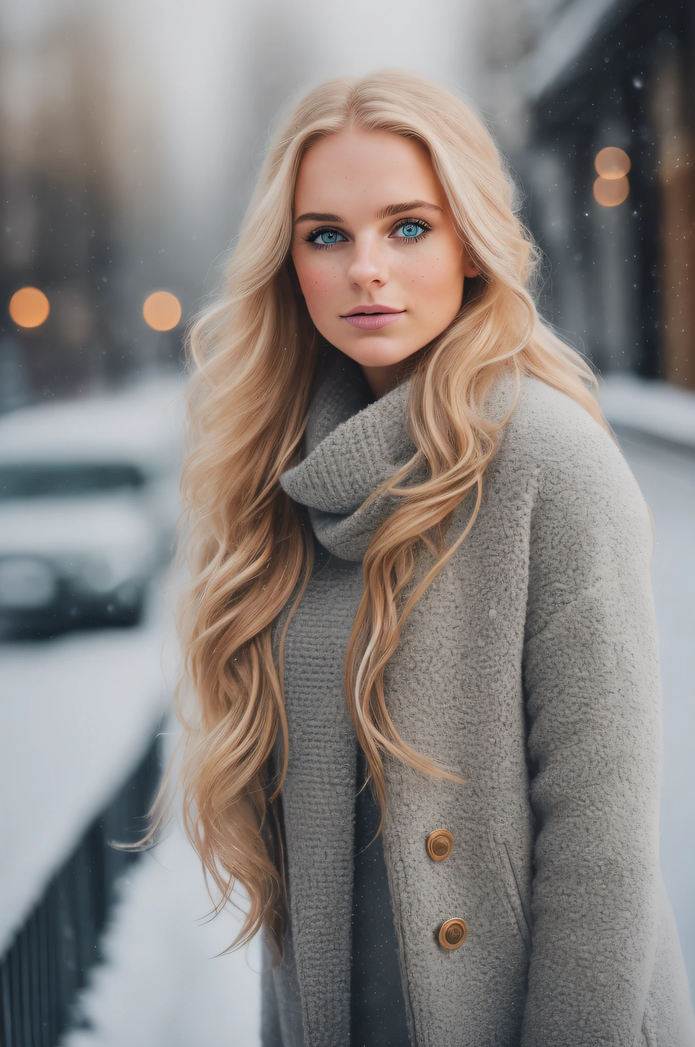 professional portrait photograph of a gorgeous Norwegian girl in winter clothing with long wavy blonde hair, sultry flirty look, (freckles), gorgeous symmetrical face, cute natural makeup, wearing elegant warm winter fashion clothing, ((standing outside in snowy city street)), stunning modern urban environment, ultra realistic, concept art, elegant, highly detailed, intricate, sharp focus, depth of field, f/1. 8, 85mm, medium shot, mid shot, (((professionally color graded))), bright soft diffused light, (volumetric fog), trending on instagram, hdr 4k, 8k