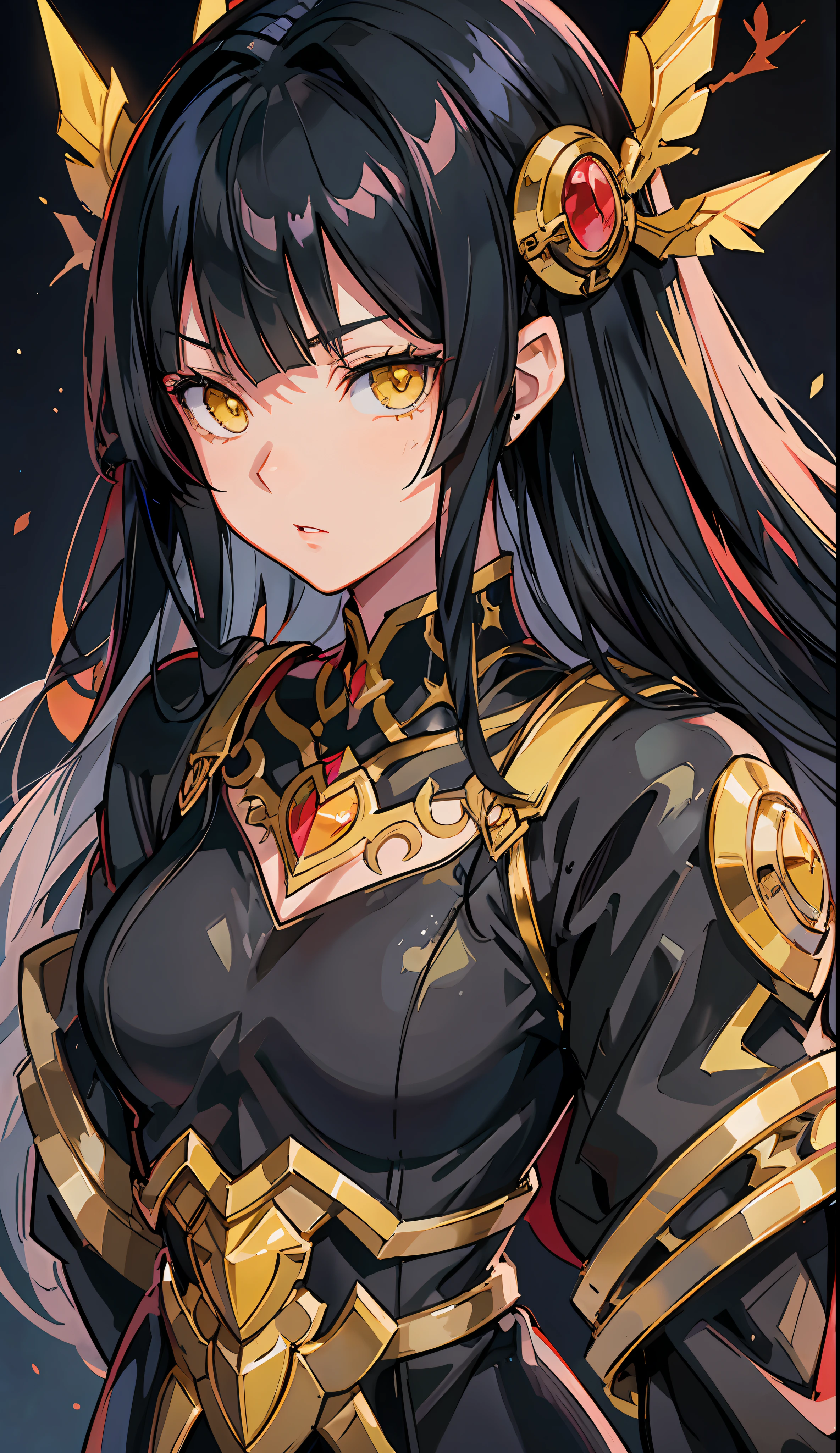 anime image of a woman with long black hair and yellow eyes, vanitas, yellow anime pupils in her eyes, close up of a young anime gir, cel shaded anime, with glowing yellow eyes, close up, anime still image, anime still, extremely detailed eyes, parted lips, wallpaper, hands out of frame, arms out of frame, half body, portrait