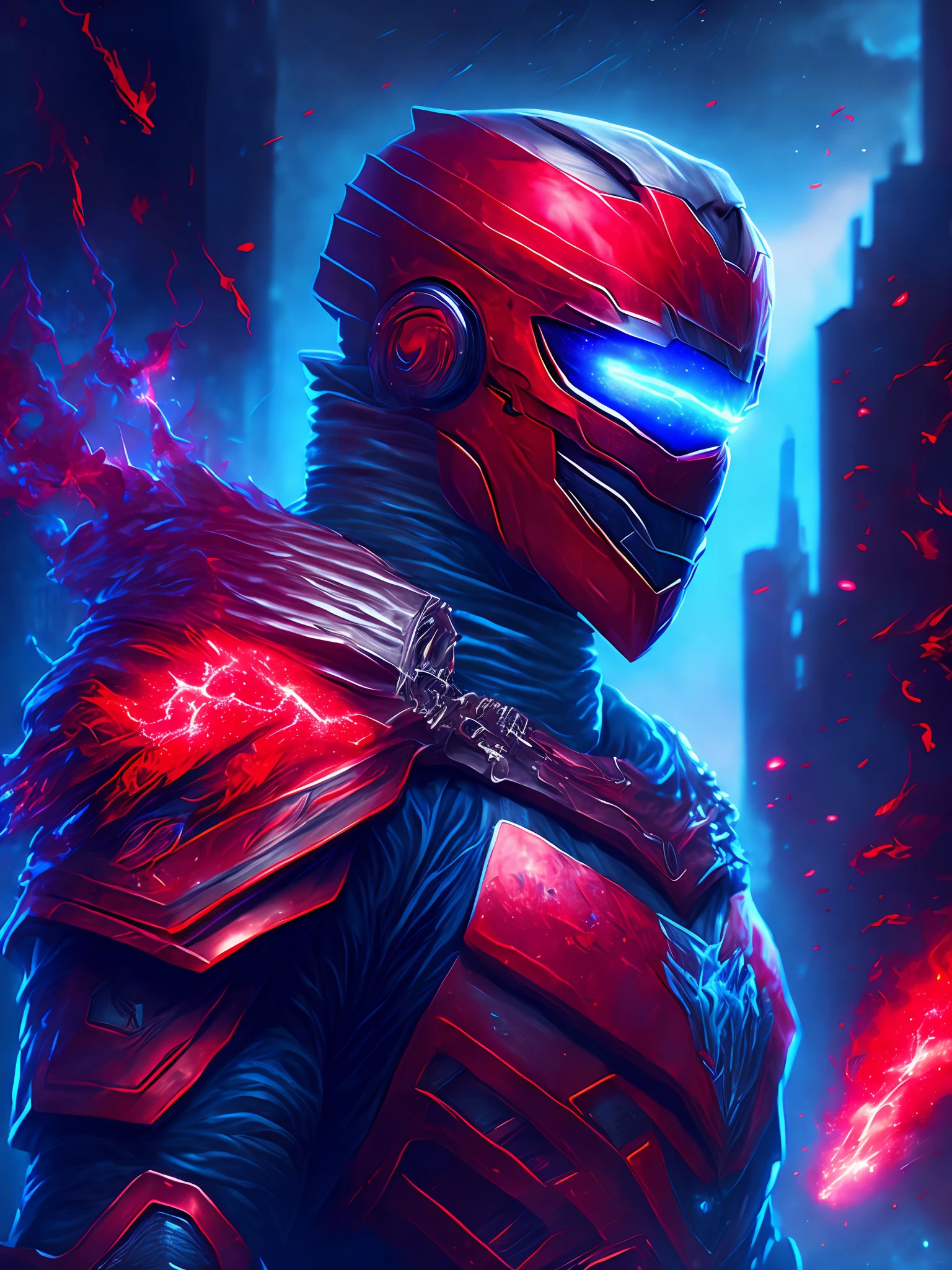 gloomy portrait of Zombie Red Ranger from Power Rangers, extremely detailed, futuristic cityscape, nighttime, glowing neon lights, smoke, sparks, metal shavings, flying debris, blue energy effects, volumetric light