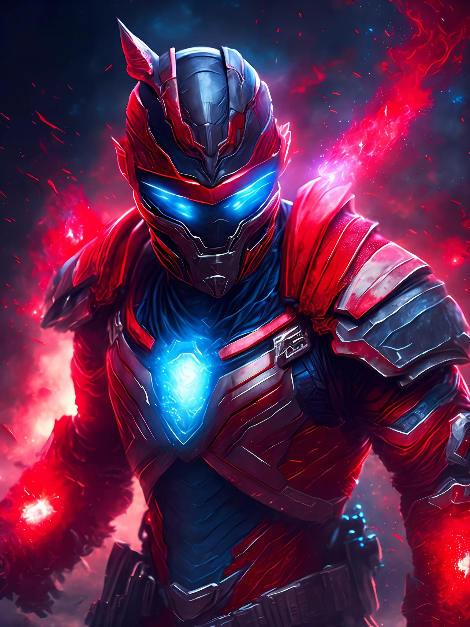 gloomy portrait of Zombie Red Ranger from Power Rangers, extremely detailed, futuristic cityscape, nighttime, glowing neon lights, smoke, sparks, metal shavings, flying debris, blue energy effects, volumetric light