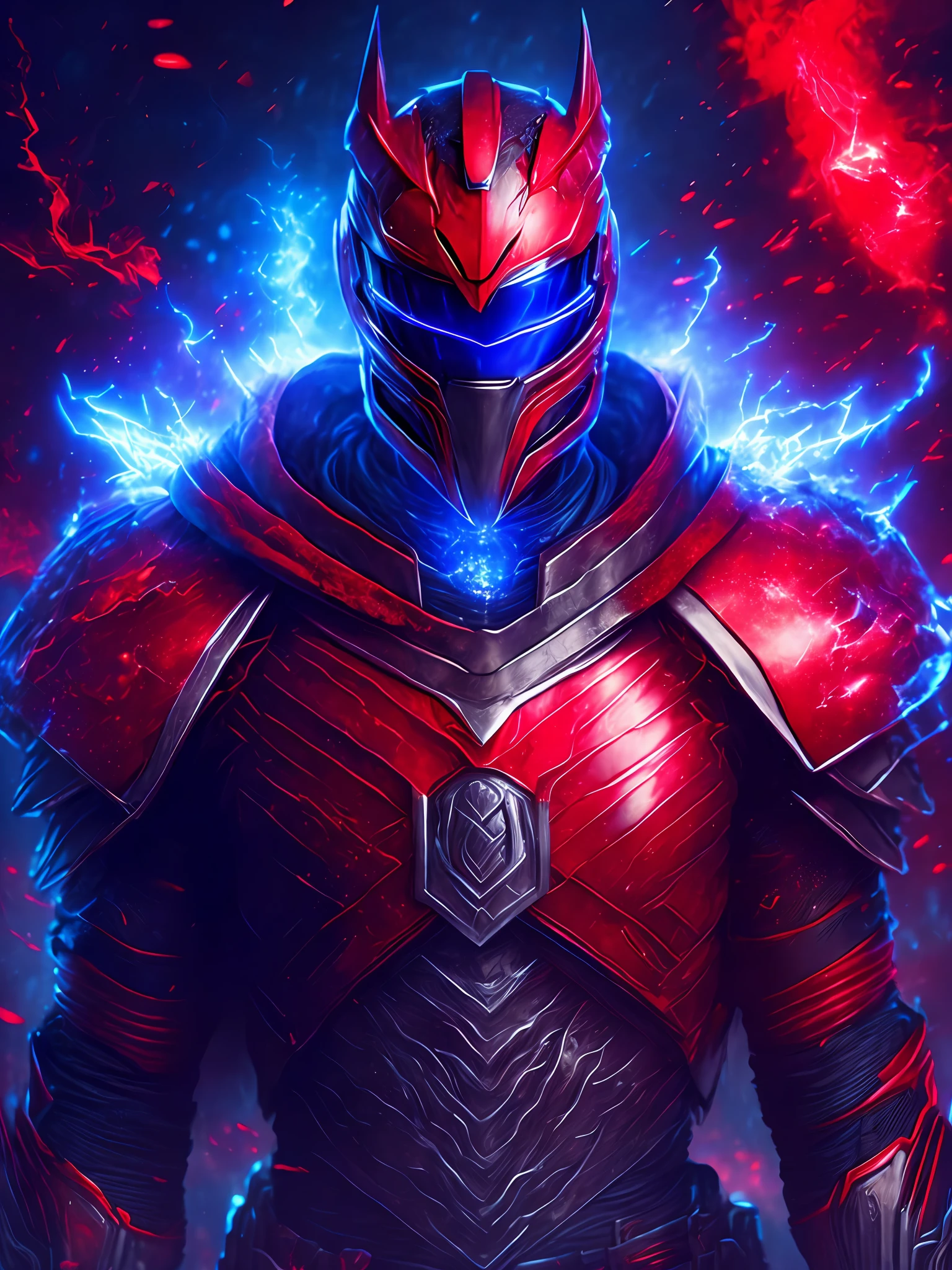 gloomy portrait of Red Ranger Horseman of the Apocalypse from Power Rangers, extremely detailed, futuristic cityscape, nighttime, glowing neon lights, smoke, sparks, metal shavings, flying debris, blue energy effects, volumetric light