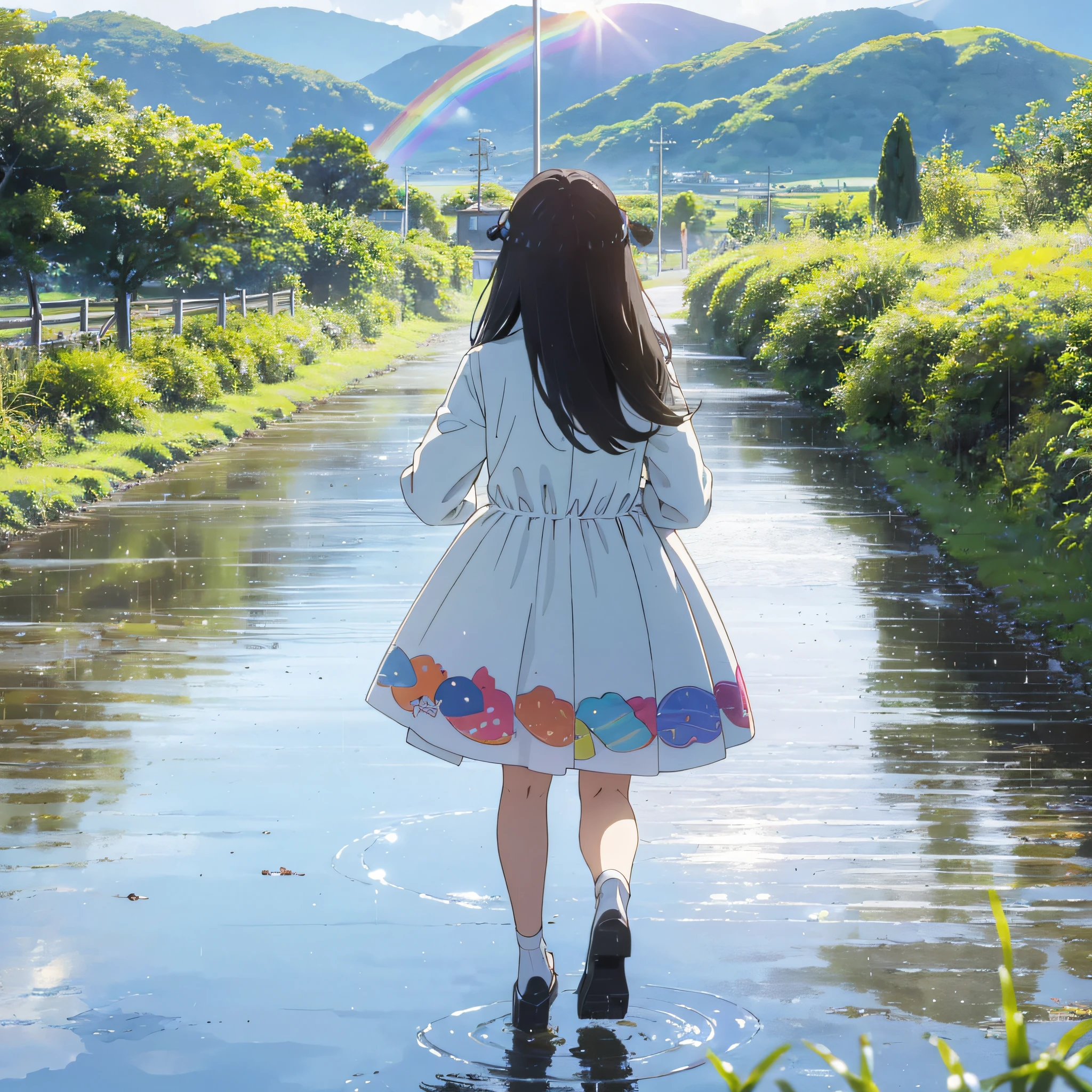 positive feelings girl afternoon good day after rain puddle little walk sun sunny rainbow sky white uniform happy countryside distant view --auto --s2