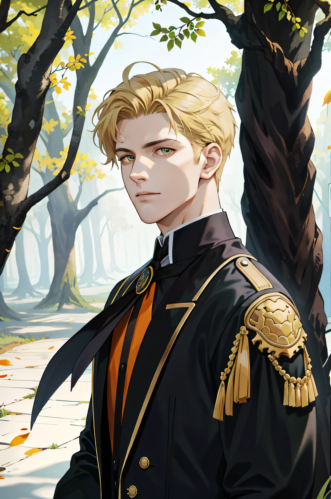 (absurd, highres, ultra detailed), 1 male, solo, young, high muscular face, broad shoulders, handsome, angular jaw, thick neck, BREAK, looking at the viewer, short blonde hair, amber eyes, long sleeves, nevaa forest, natural light and shadow, depth of field, upper body, crow over shoulder, stylish clothes, black gloves, front