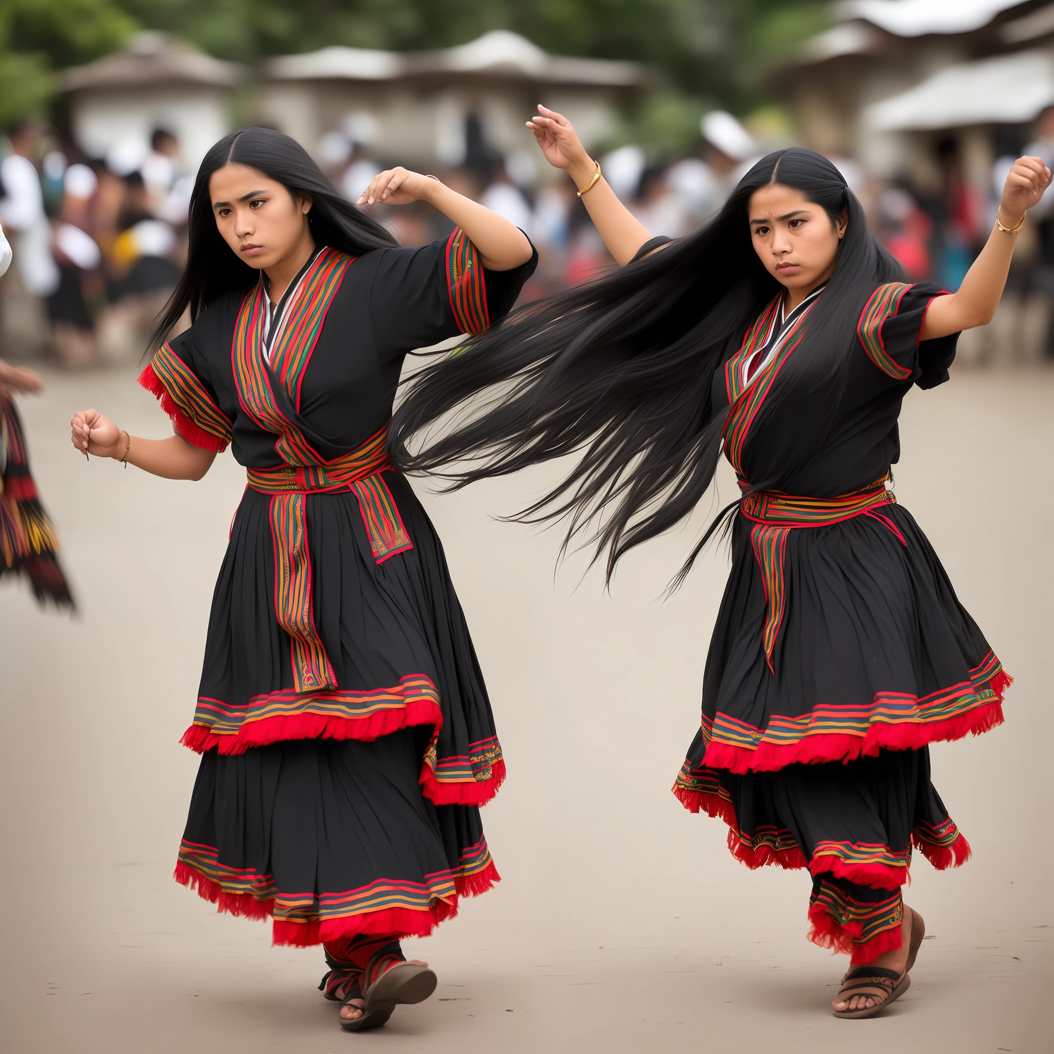 Beauty with semi-long black hair dancing Guatemalan dance