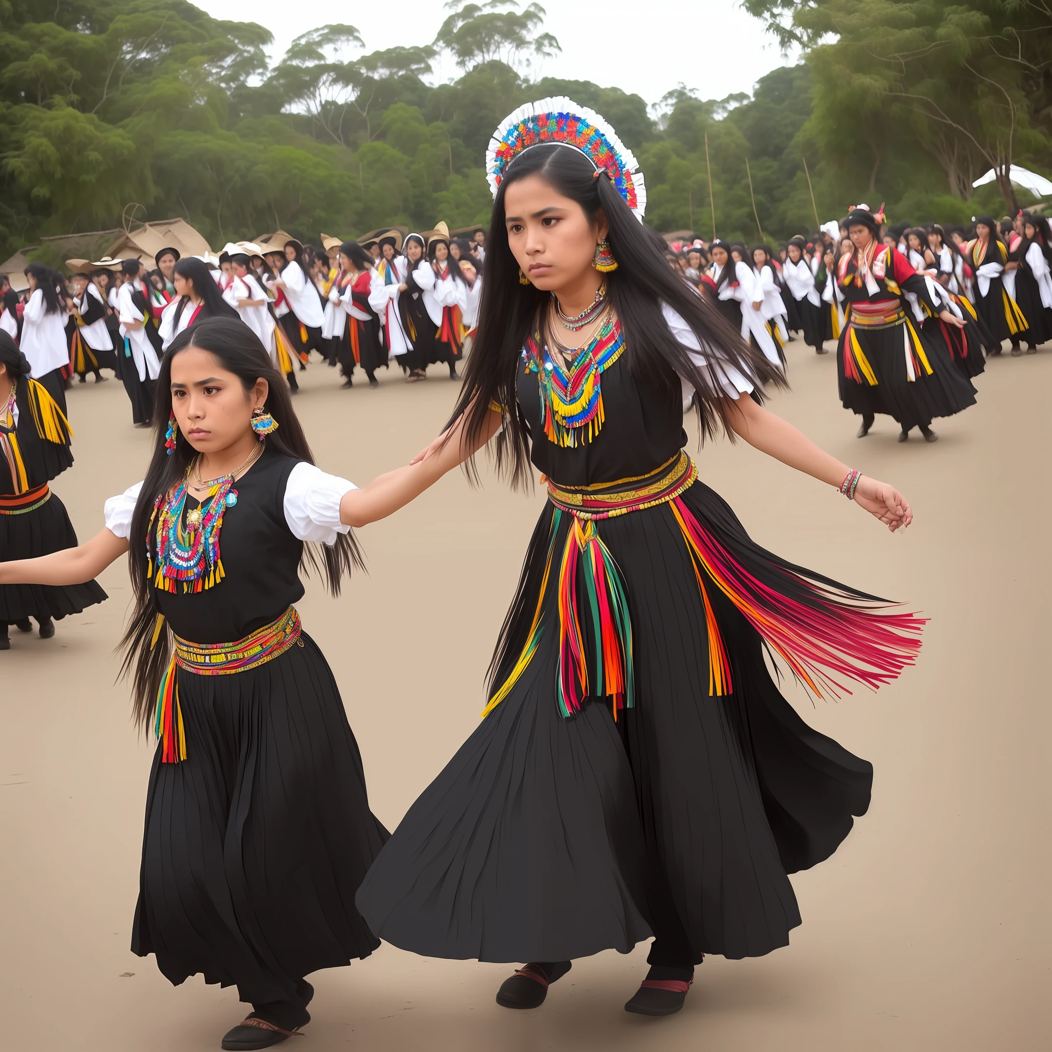 Beauty with semi-long black hair dancing Guatemalan dance