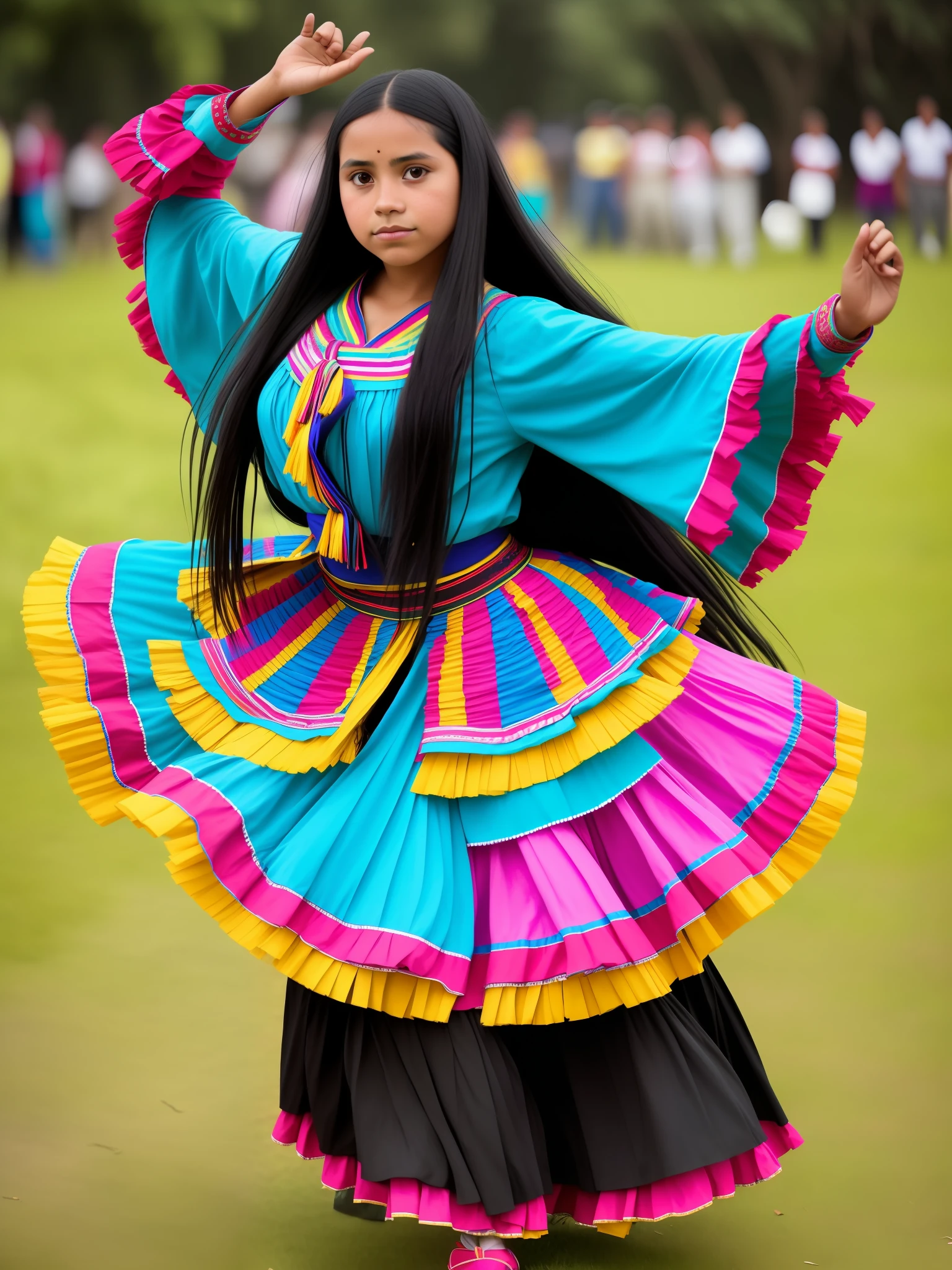 Beautiful girl with semi-long black hair dancing Guatemalan dance
