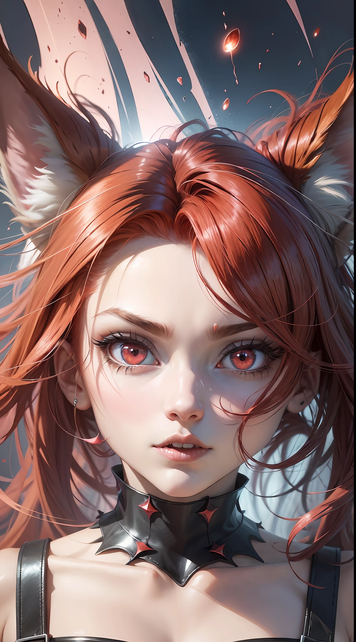 crazy eyes, crazy, red hair, fox ears, eye reflection, devil eyes, devil pupils, pink eyes, big hair, high detail, Surrealism, anime style, Cubism, Hyperrealism, chiaroscuro, pov, Romanticism, drop shadow, masterpiece, high details, high quality, best quality, highres, 8k