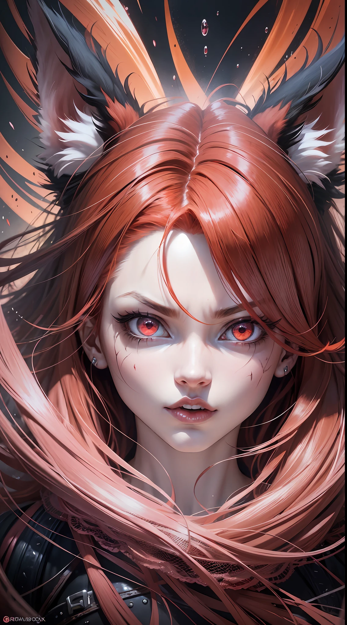 crazy eyes, crazy, red hair, fox ears, eye reflection, devil eyes, devil pupils, pink eyes, big hair, high detail, Surrealism, anime style, Cubism, Hyperrealism, chiaroscuro, pov, Romanticism, drop shadow, masterpiece, high details, high quality, best quality, highres, 8k
