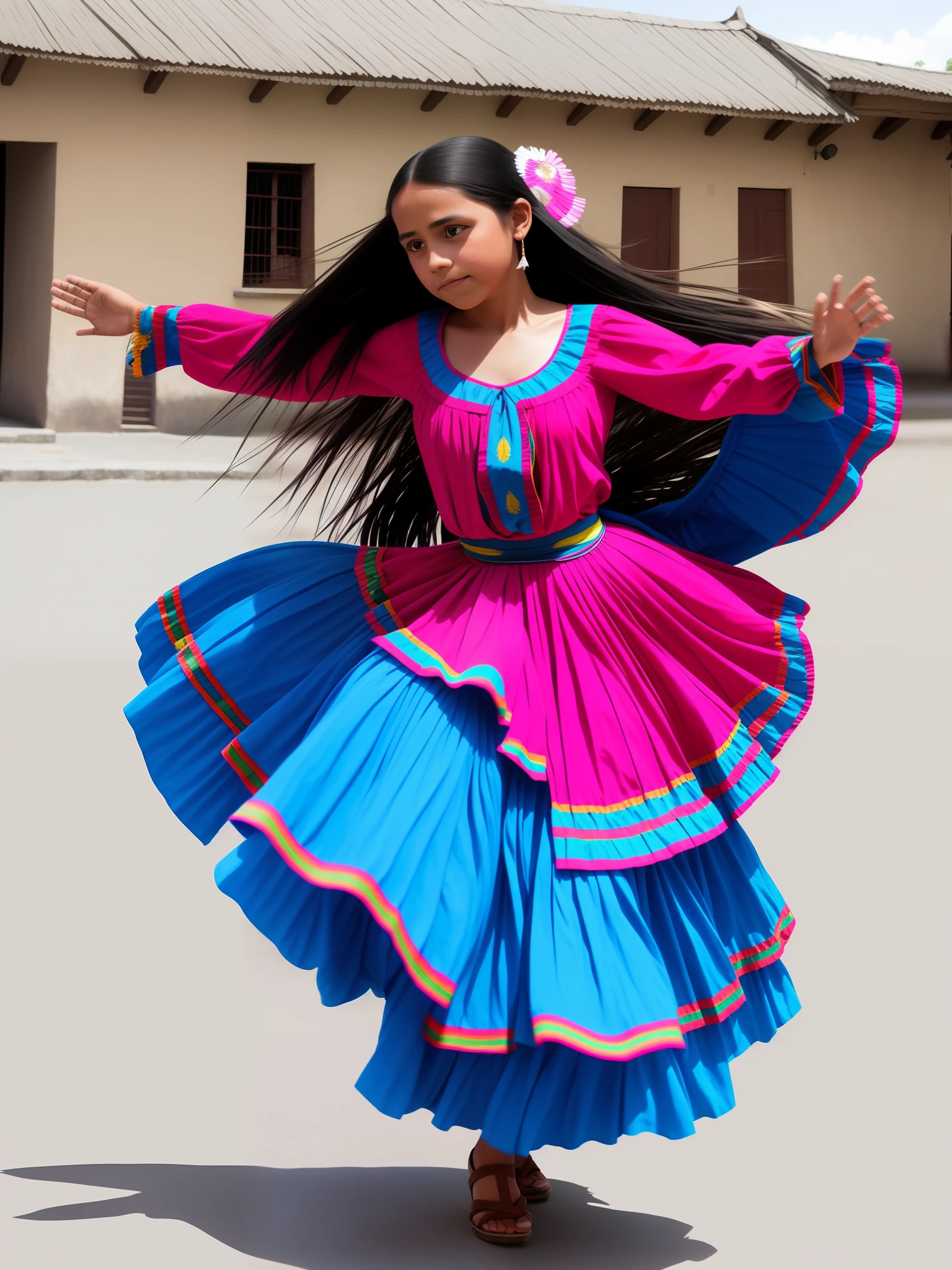 Beautiful girl with semi-long black hair dancing Guatemalan dance