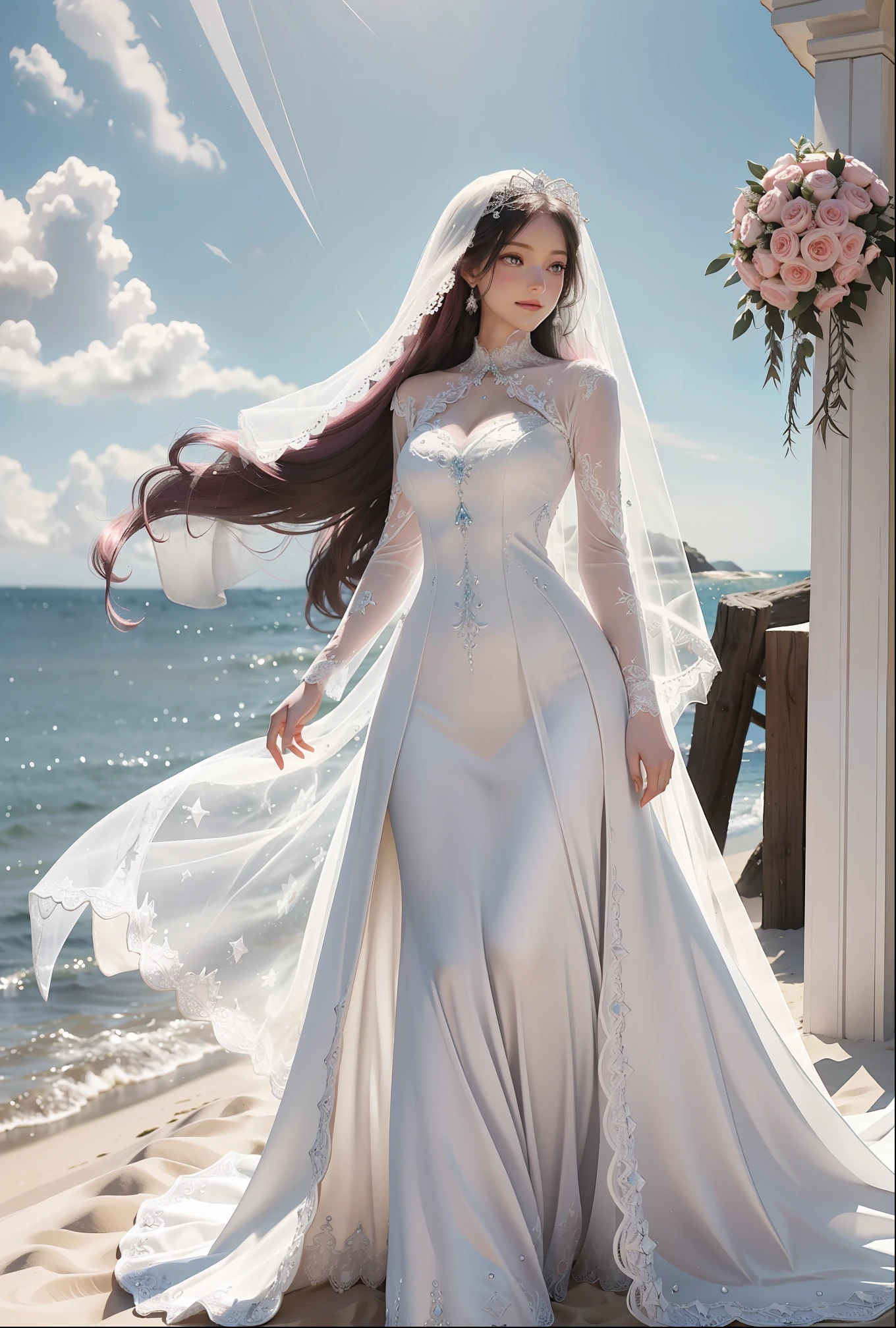 Adorned in a resplendent white gown that mirrors the purity of her soul. Her beautifully long pink hair captures the essence of starlight, a breathtaking display of natural beauty. Her golden eyes, a kaleidoscope of vivid hues, reflect the vast brilliance of the sun, as resplendant as the supernova it will one day become to be. This is the perfect wedding dress with a tight bodycon fit, the arms and collar are made of lace. Her veil fades away like fog above the ocean, as she walks across the sand towards the viewer. The sky is a bright and wonderful shade of sky blue, a fantastic representation of her wedding day. Her innocent smile, so pure, could melt any man's soul.delicate hands, delicate faces