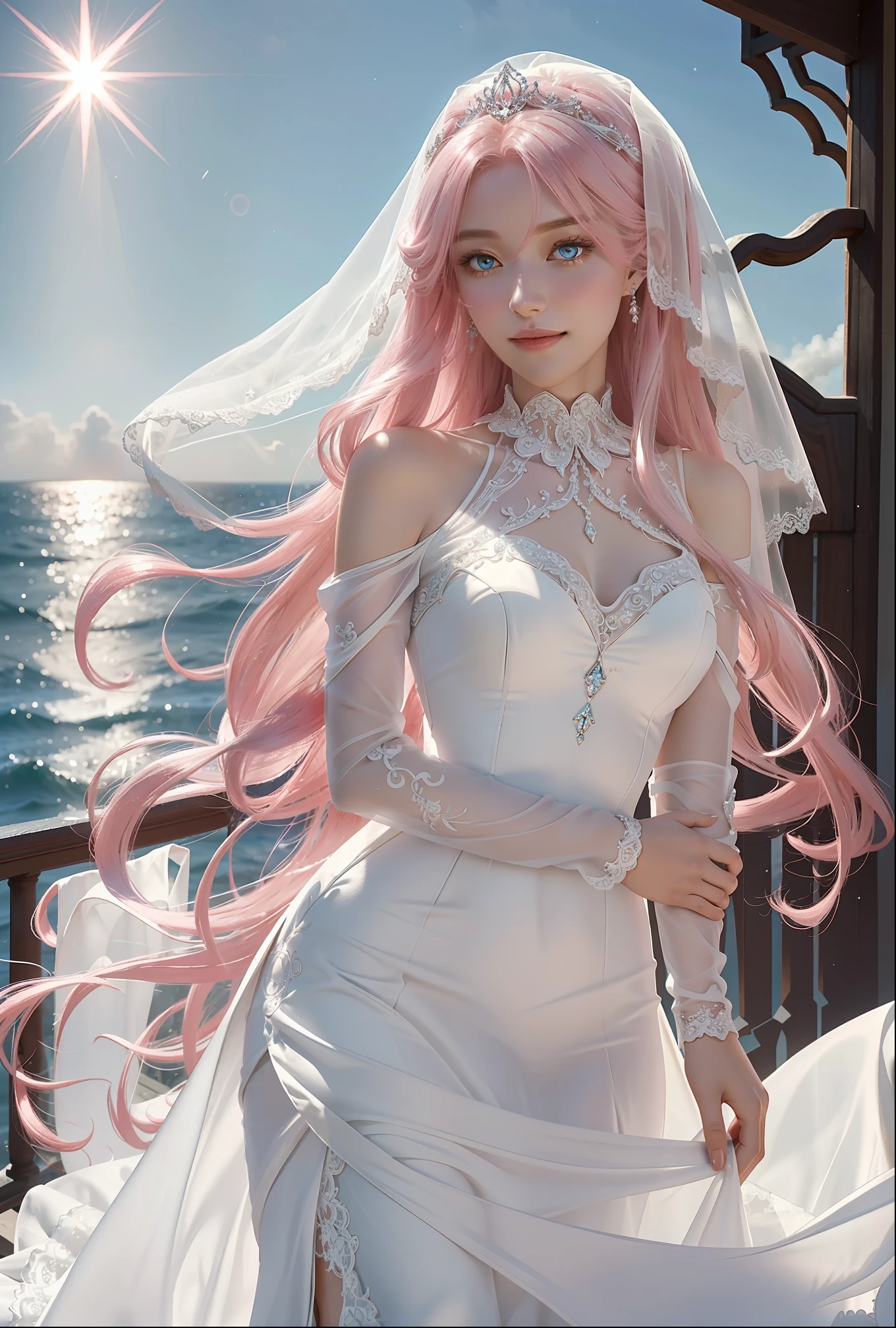 Adorned in a resplendent white gown that mirrors the purity of her soul. Her beautifully long pink hair captures the essence of starlight, a breathtaking display of natural beauty. Her golden eyes, a kaleidoscope of vivid hues, reflect the vast brilliance of the sun, as resplendant as the supernova it will one day become to be. This is the perfect wedding dress with a tight bodycon fit, the arms and collar are made of lace. Her veil fades away like fog above the ocean, as she walks across the sand towards the viewer. The sky is a bright and wonderful shade of sky blue, a fantastic representation of her wedding day. Her innocent smile, so pure, could melt any man's soul.delicate hands, delicate faces