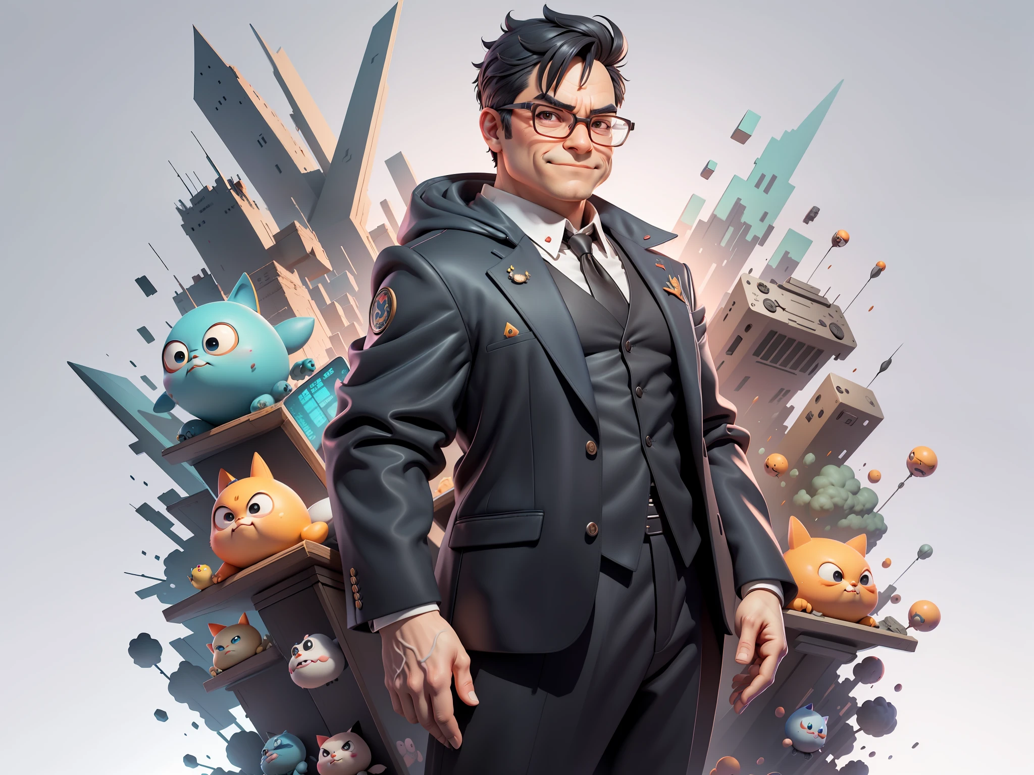 (Masterpiece), (Excellent), (Super Meticulous), (Full Body: 1.2), Super Young Man, Oriental Face, TV Anchor, Bust Portrait Illustration, Alone, Black Suit, Blue Tie, Silver Glasses, Slightly Chubby Face, Very Clean Face, No Beard, Black Super Short Hair, Black Eyes, Confident Smile, 3c Computer Sub-Products, iPad, iPhone, Digital Painting, 3D Character Design by Mark Clairen and Pixar and Hayao Miyazaki, the illustration is HD illustration in 4K resolution, With very detailed facial features and cartoon-style visuals.