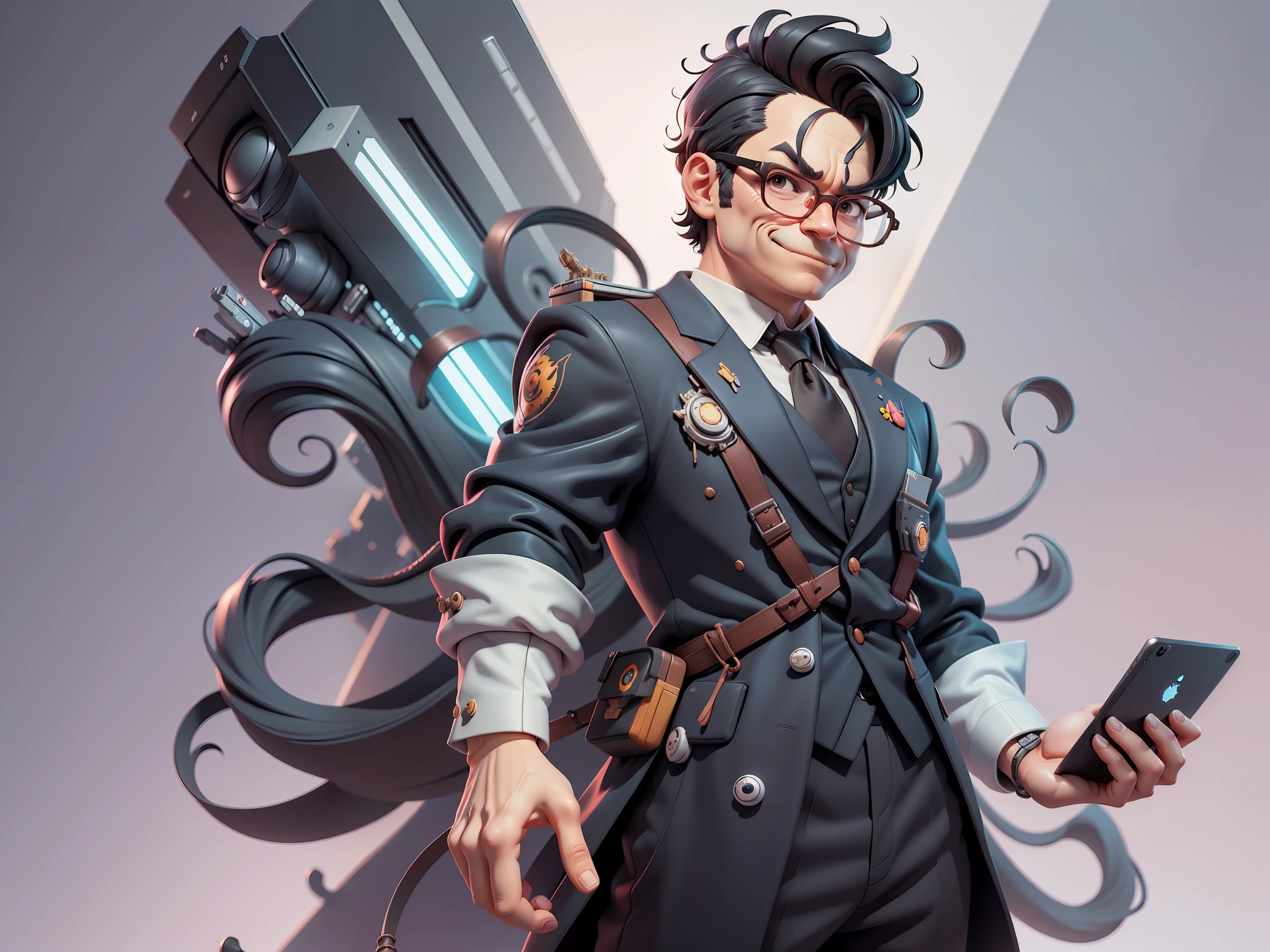(Masterpiece), (Excellent), (Super Meticulous), (Full Body: 1.2), Super Young Man, Oriental Face, TV Anchor, Bust Portrait Illustration, Alone, Black Suit, Blue Tie, Silver Glasses, Slightly Chubby Face, Very Clean Face, No Beard, Black Super Short Hair, Black Eyes, Confident Smile, 3c Computer Sub-Products, iPad, iPhone, Digital Painting, 3D Character Design by Mark Clairen and Pixar and Hayao Miyazaki, the illustration is HD illustration in 4K resolution, With very detailed facial features and cartoon-style visuals.