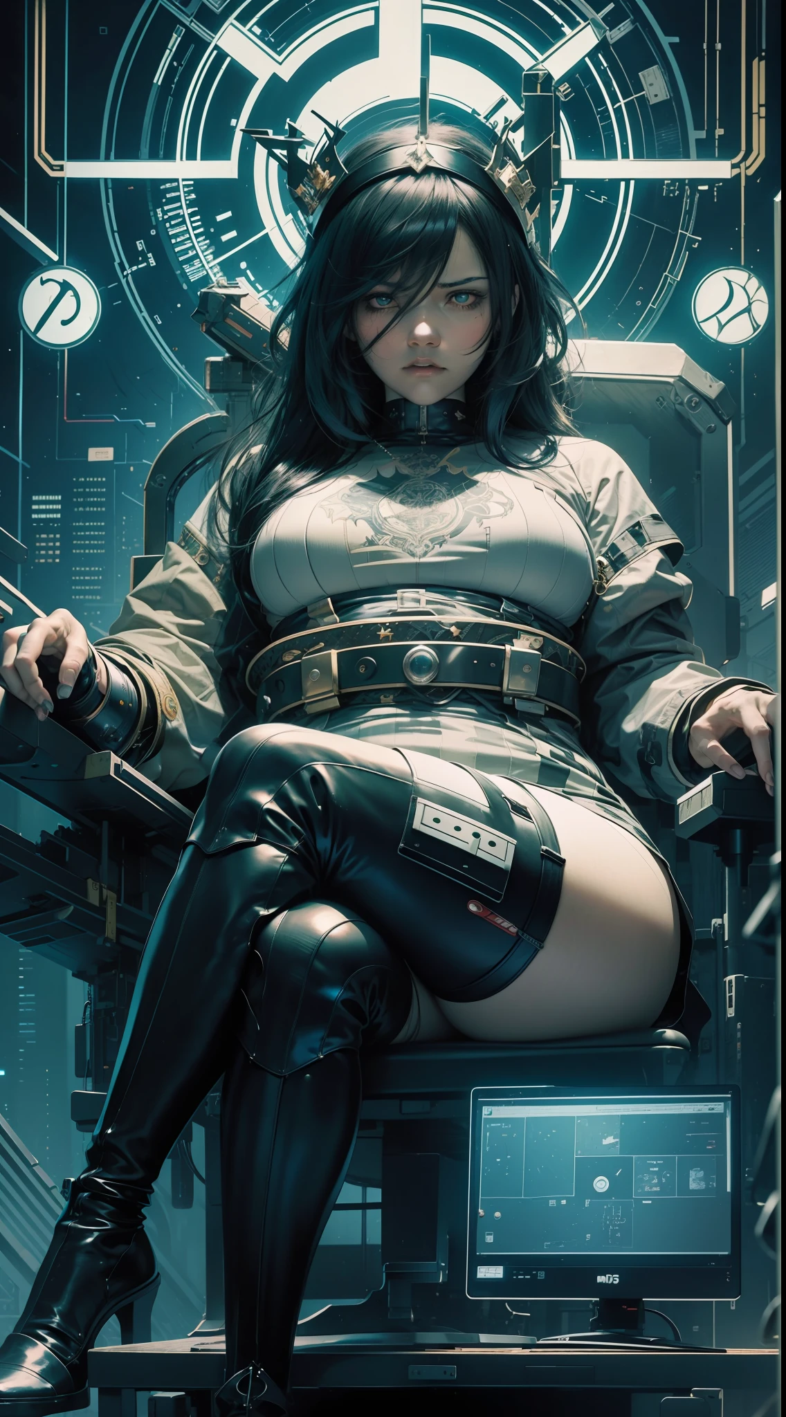 Hacker with capus on head,medium black hair with bangs,fat body,dark face,black latex clothing,sitting on a computer chair,metal crown,angry expression on face,dark scenery,hand drawing,illustration,art nouveau,tarot cards