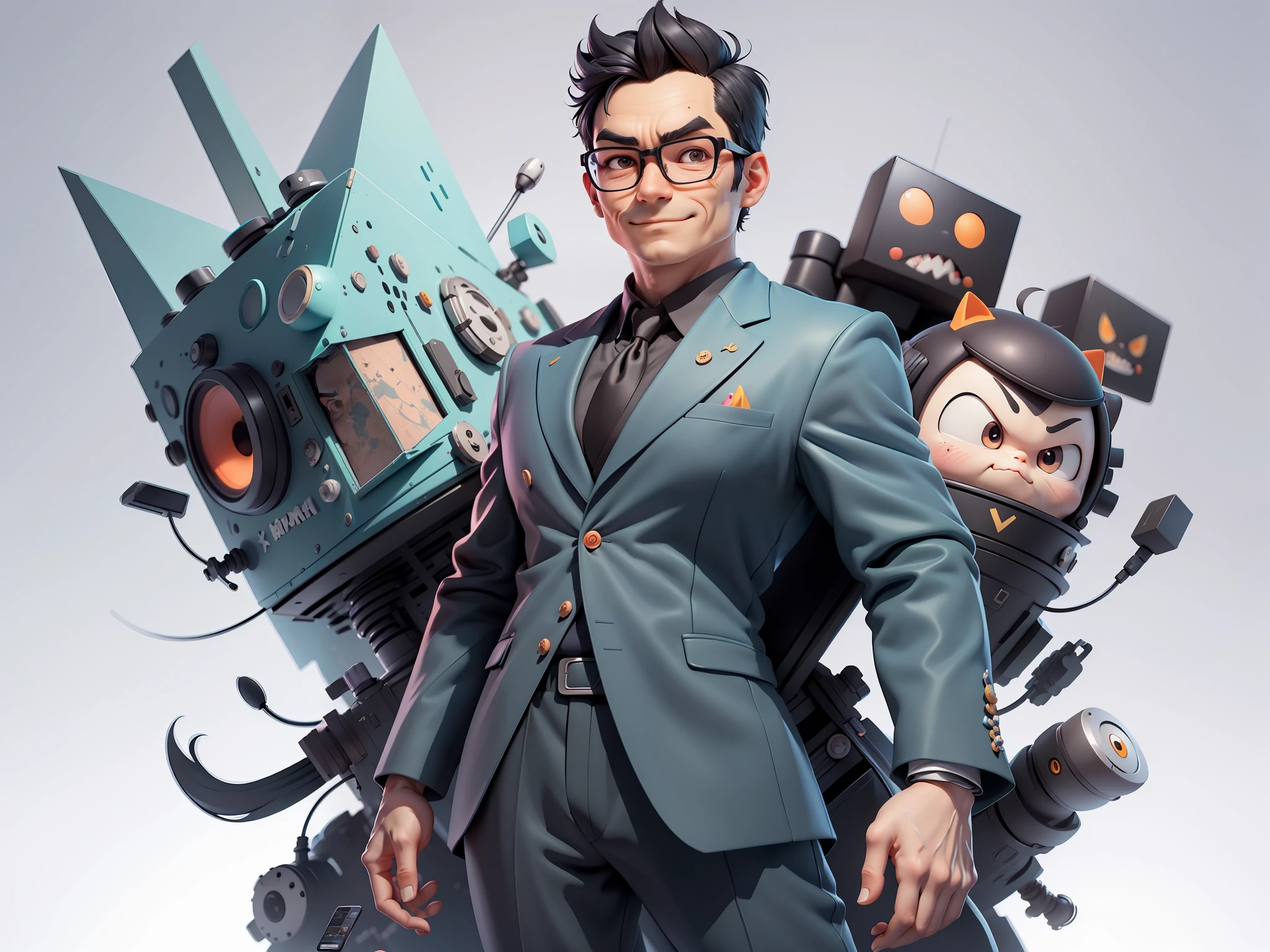 (Masterpiece), (Excellent), (Super Meticulous), (Full Body: 1.2), Super Young Man, Oriental Face, TV Anchor, Bust Portrait Illustration, Alone, Black Suit, Blue Tie, Silver Glasses, Slightly Chubby Face, Very Clean Face, No Beard, Black Super Short Hair, Black Eyes, Confident Smile, 3c Computer Sub-Products, iPad, iPhone, Digital Painting, 3D Character Design by Mark Clairen and Pixar and Hayao Miyazaki, the illustration is HD illustration in 4K resolution, With very detailed facial features and cartoon-style visuals.