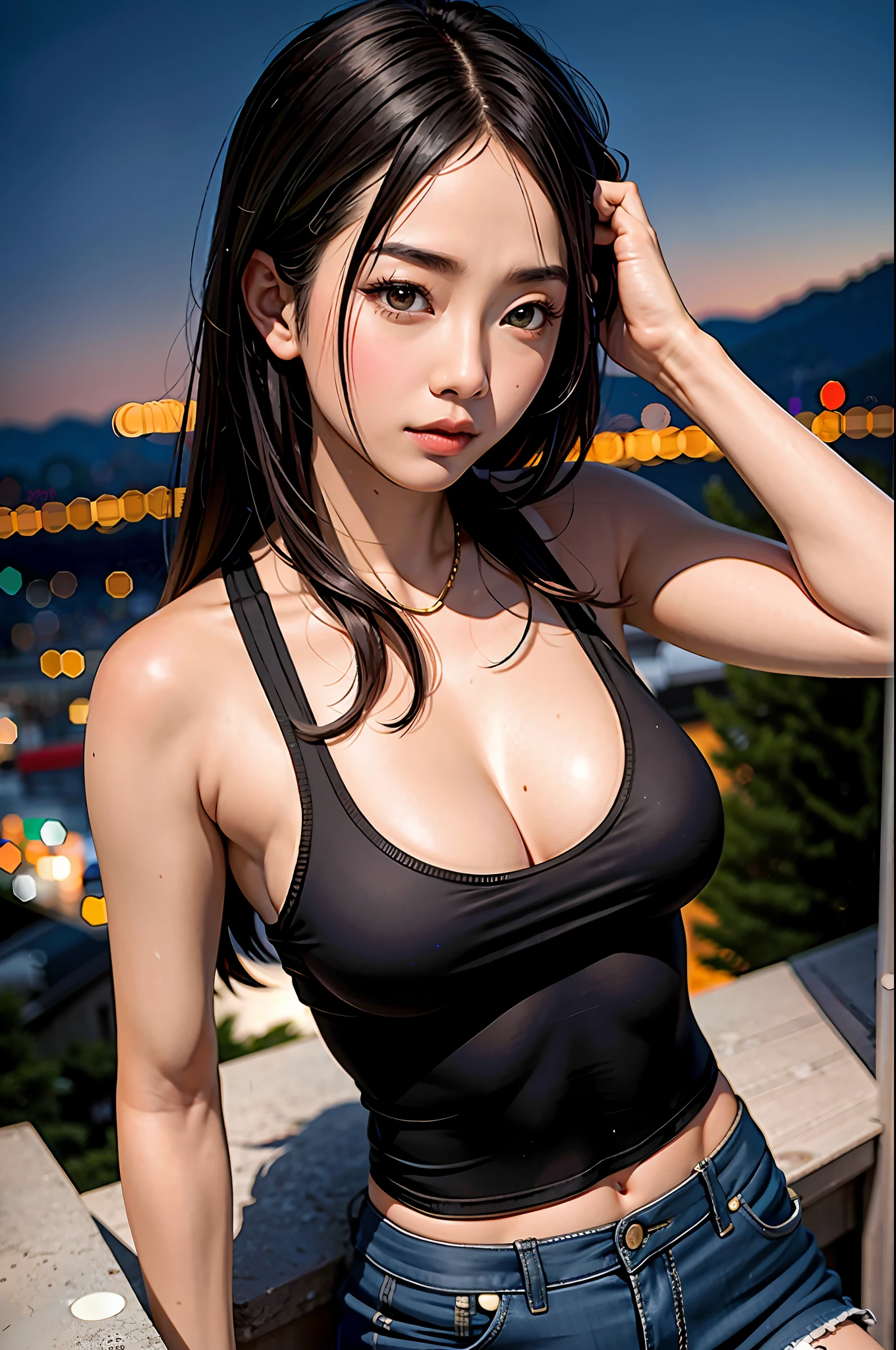 On a mountain with night view, Asian woman around 30 years old, bronze hair, cool eyes, sharp eyebrows, tank top, protruding breasts