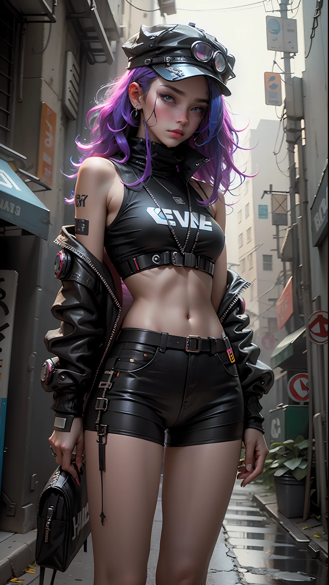 Beautiful woman medium hair, wearing cap, cyberpunk style short clothes