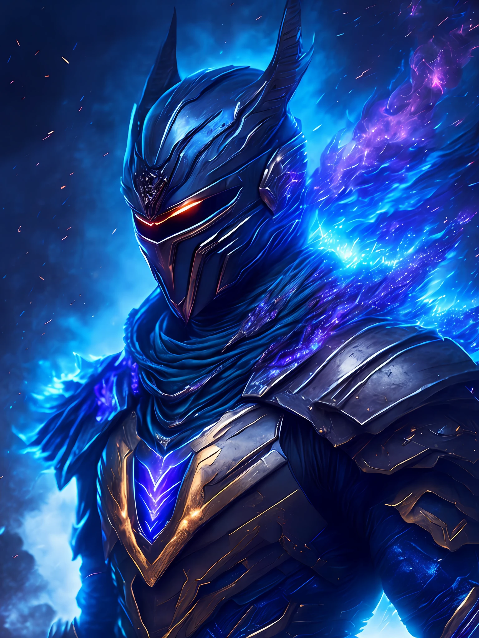 gloomy portrait of Black Ranger Horseman of the Apocalypse from Power Rangers, extremely detailed, futuristic cityscape, nighttime, glowing neon lights, smoke, sparks, metal shavings, flying debris, blue energy effects, volumetric light