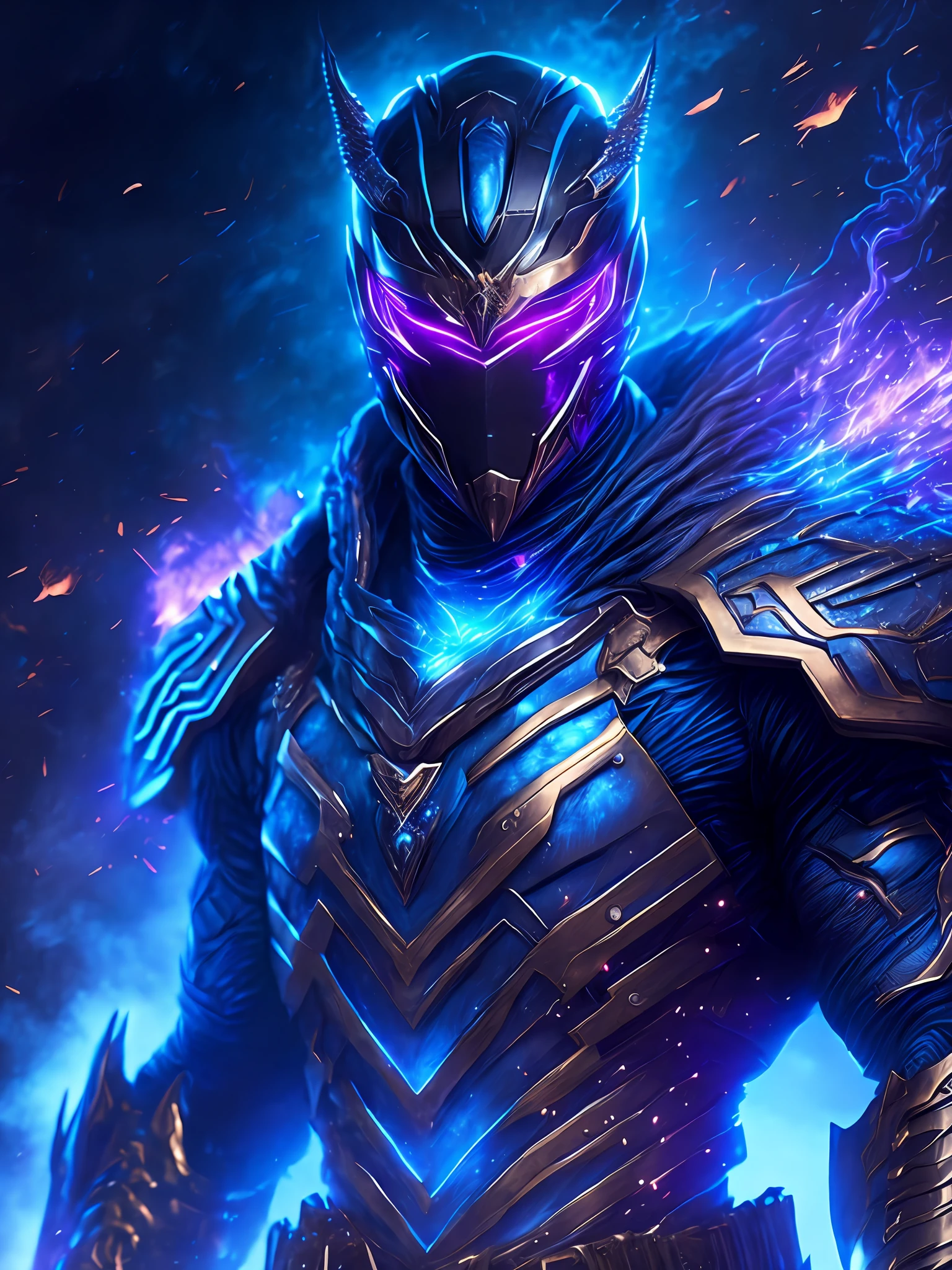 gloomy portrait of Black Ranger Horseman of the Apocalypse from Power Rangers, extremely detailed, futuristic cityscape, nighttime, glowing neon lights, smoke, sparks, metal shavings, flying debris, blue energy effects, volumetric light