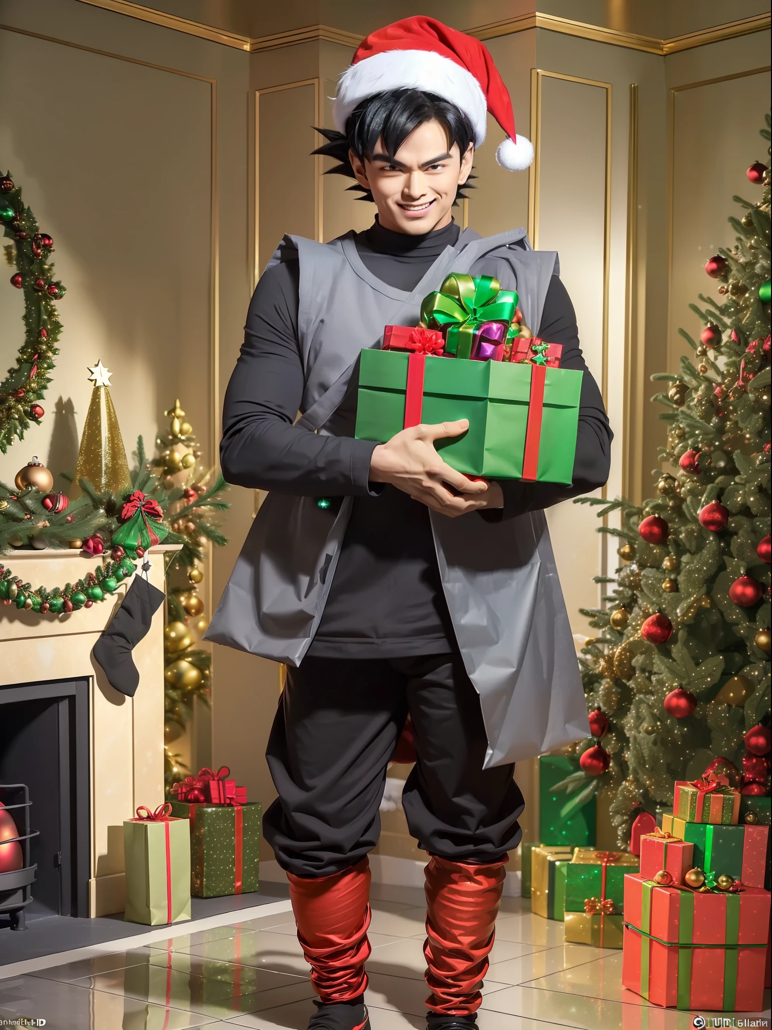 ((Full body):1.5), (({goku blacki})), Only {goku black} (((with Christmas raje extremely, holding a gift bag):1.5)), Only {goku black} ((looking at the viewer, with a look of happiness and manic smile on his face):1.3), ((Inside a house with a chimney with a Christmas tree next to it)), anime, anime-style, 16k, high resolution,  ((best quality, high details):1.53), UHD, ((masterpiece))