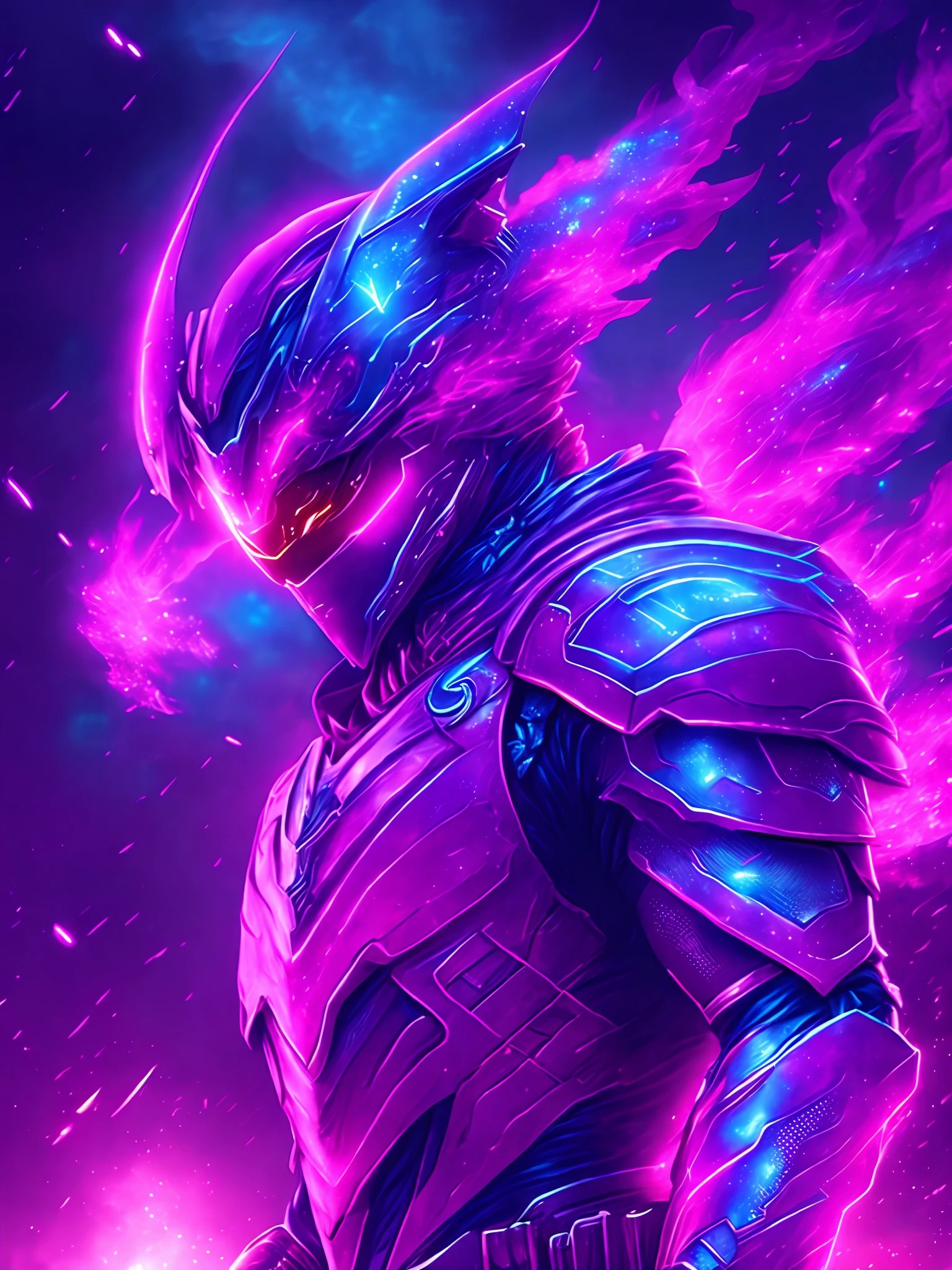 gloomy portrait of Pink Ranger Horseman of the Apocalypse from Power Rangers, extremely detailed, futuristic cityscape, nighttime, glowing neon lights, smoke, sparks, metal shavings, flying debris, blue energy effects, volumetric light